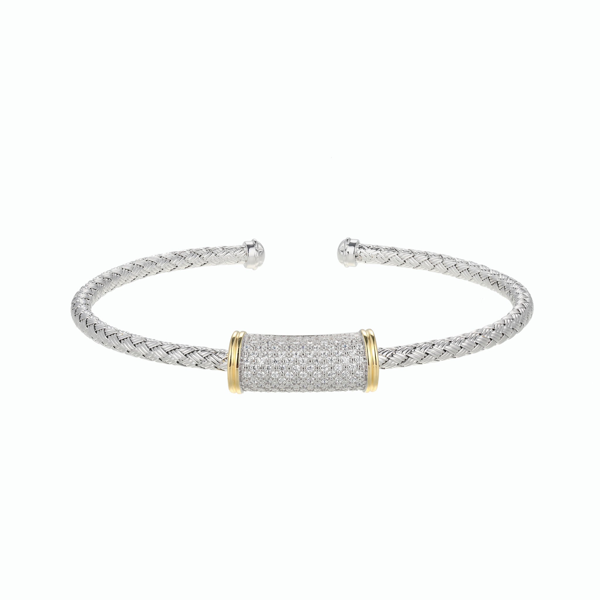 An Expression Of Understated Luxury, This Bracelet Weaves Elegance And Artistry. A Delicate Silver Band Cradles A Central Cylinder Of Shimmering Cubic Zirconia, Accented By Gold-Finished Details. This Unique Design Shifts Seamlessly From Day To Night.