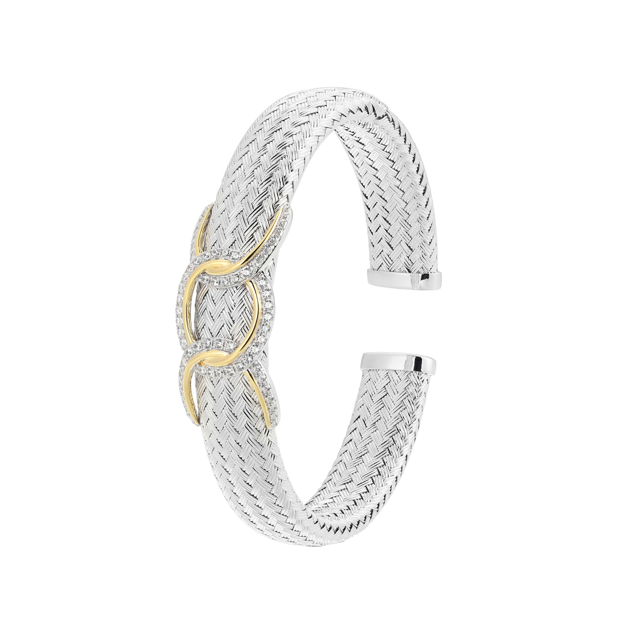 This Aurora Cuff Bracelet Offers A Luxurious Experience. A Wide, Finely Woven Silver Band Is Exquisitely Detailed With Cubic Zirconia And An Eye-Catching Gold Accent. Artistically Expressive, It Celebrates Elegance, Confidence, And Individuality.