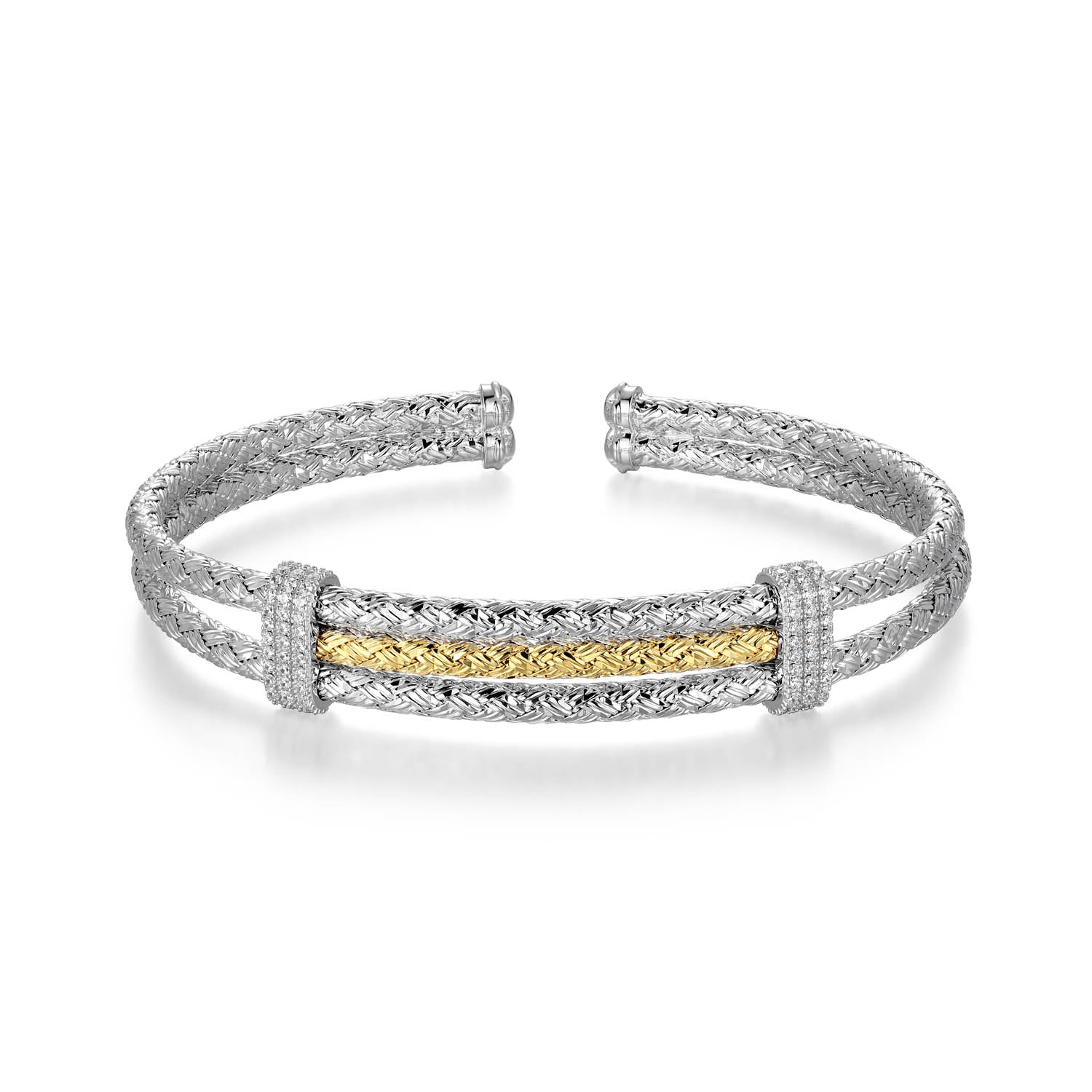 Sterling Silver Charles Garnier "duo Luxe" Rhodium And Yellow Gold Plated Cz Cuff Bracelet 6.75"