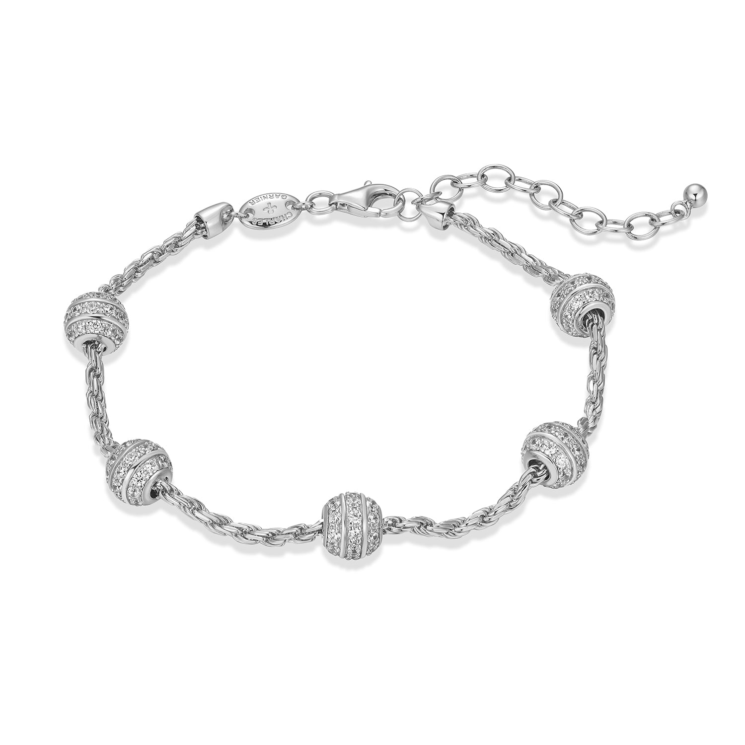 Sterling Silver Charles Garnier "rope" Rhodium Plated Cz Bracelet 7.5"+1.5" Rope