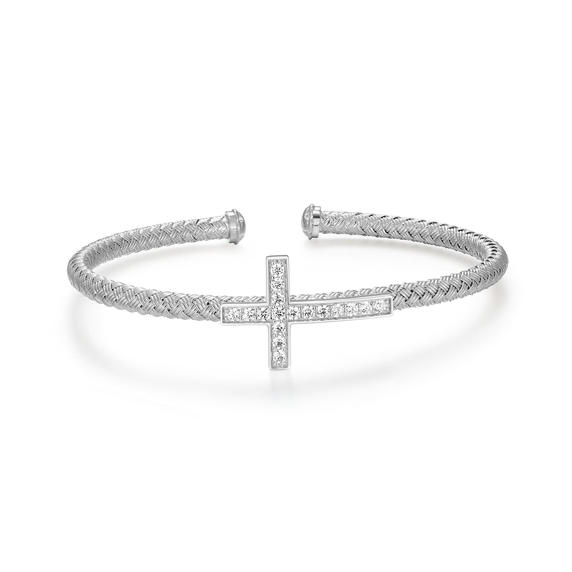 Sterling Silver Rhodium Plated Cuff With White Cz Inside 60X50Mm