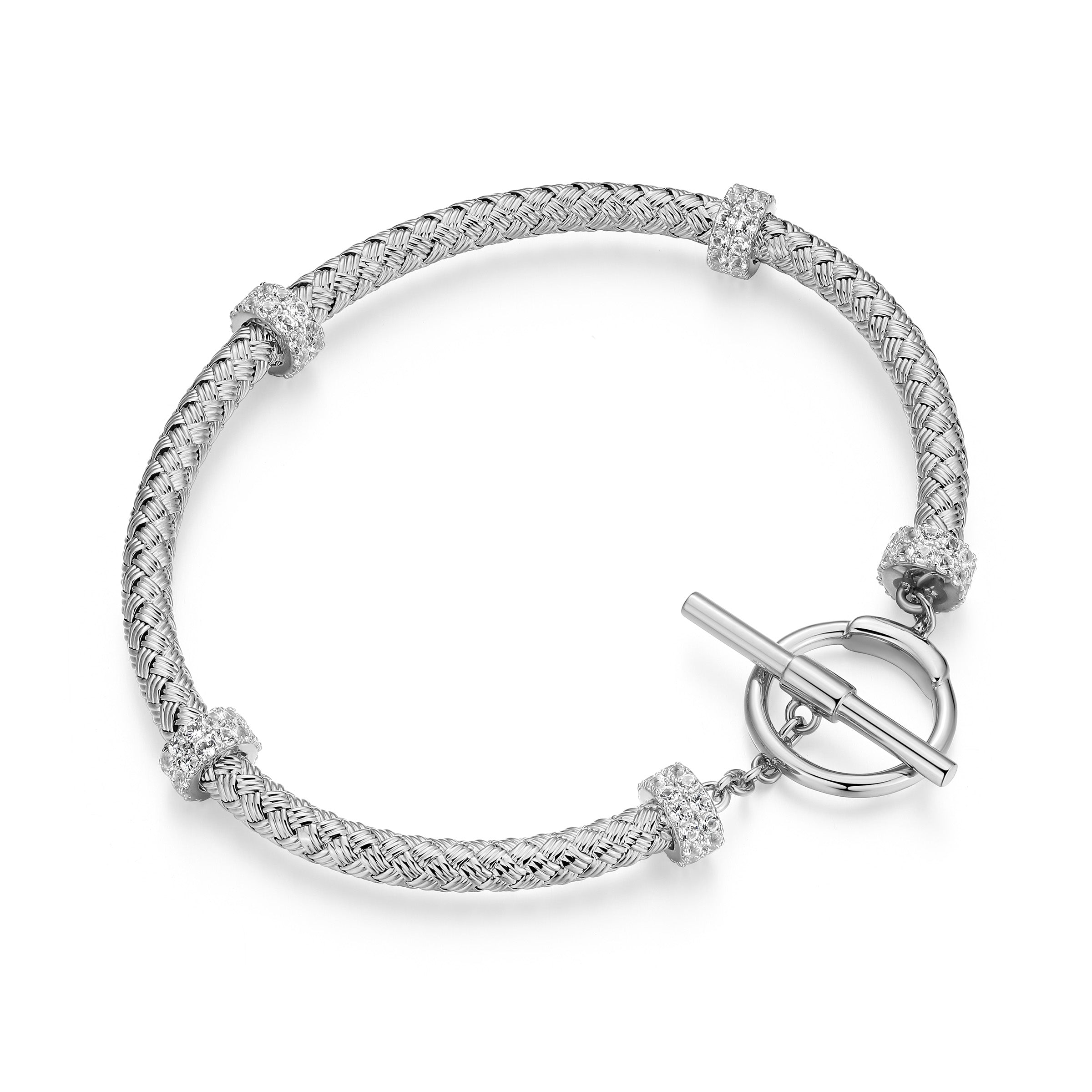 CB0193 - Created White Sapphire Rondelle Station Original Mesh Toggle Bracelet