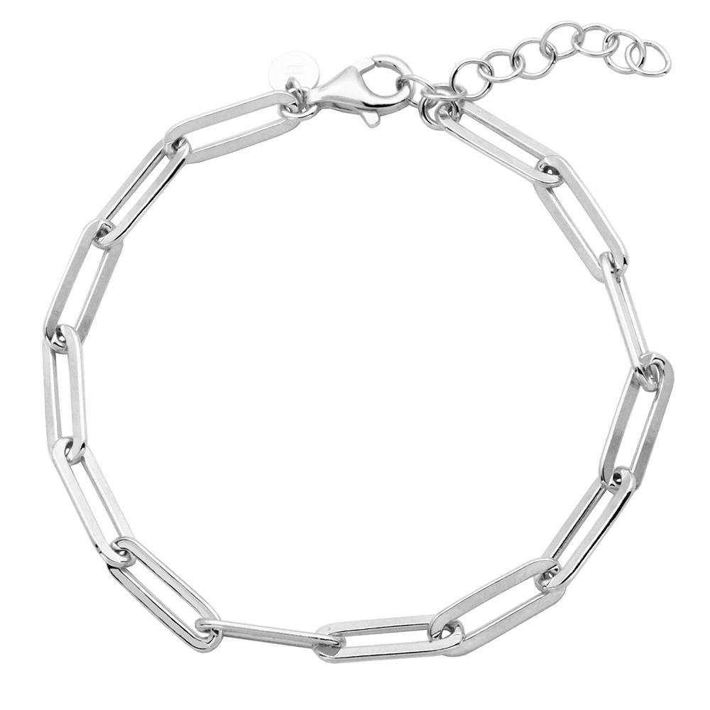 Sterling Silver Bracelet Made With Paperclip Chain (5Mm), Measures 6.75" Long, Plus 1.25" Extender For Adjustable Length, Rhodium Finish