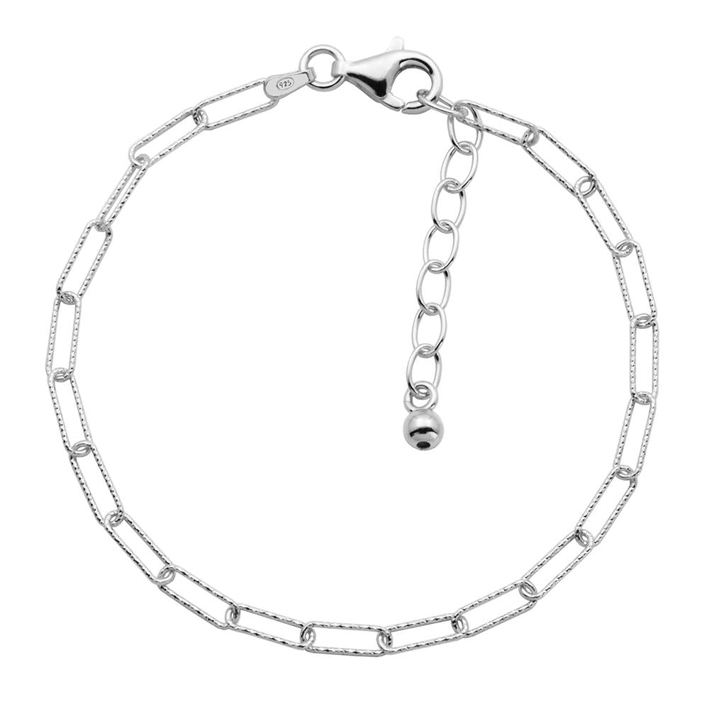 Sterling Silver Bracelet Made With Diamond Cut Paperclip Chain (3Mm), Measures 6.75" Long, Plus 1.25" Extender For Adjustable Length, Rhodium Finish