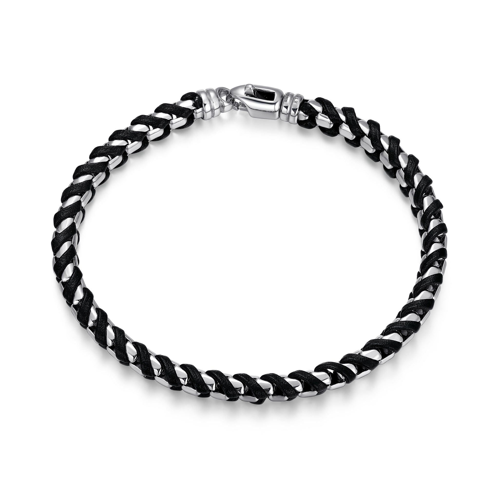 UB0005S - Italian Chain Rhodium Plated Round Box Chain with Black Leather Bracelet  -  7.75"