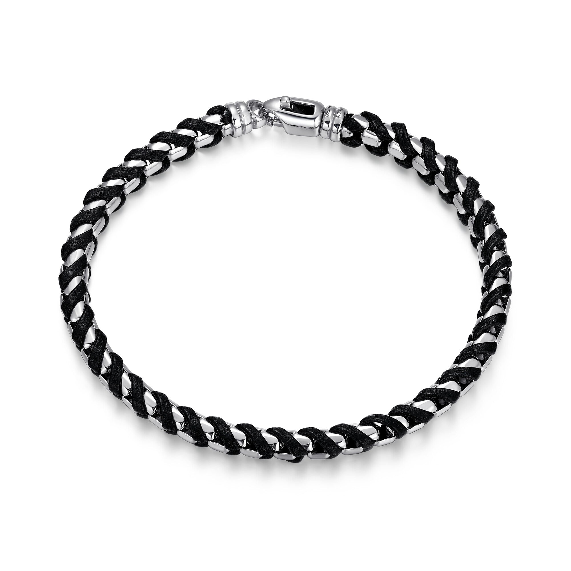 UB0005M - Italian Chain Rhodium Plated Round Box Chain with Black Leather Bracelet  -  8.5"