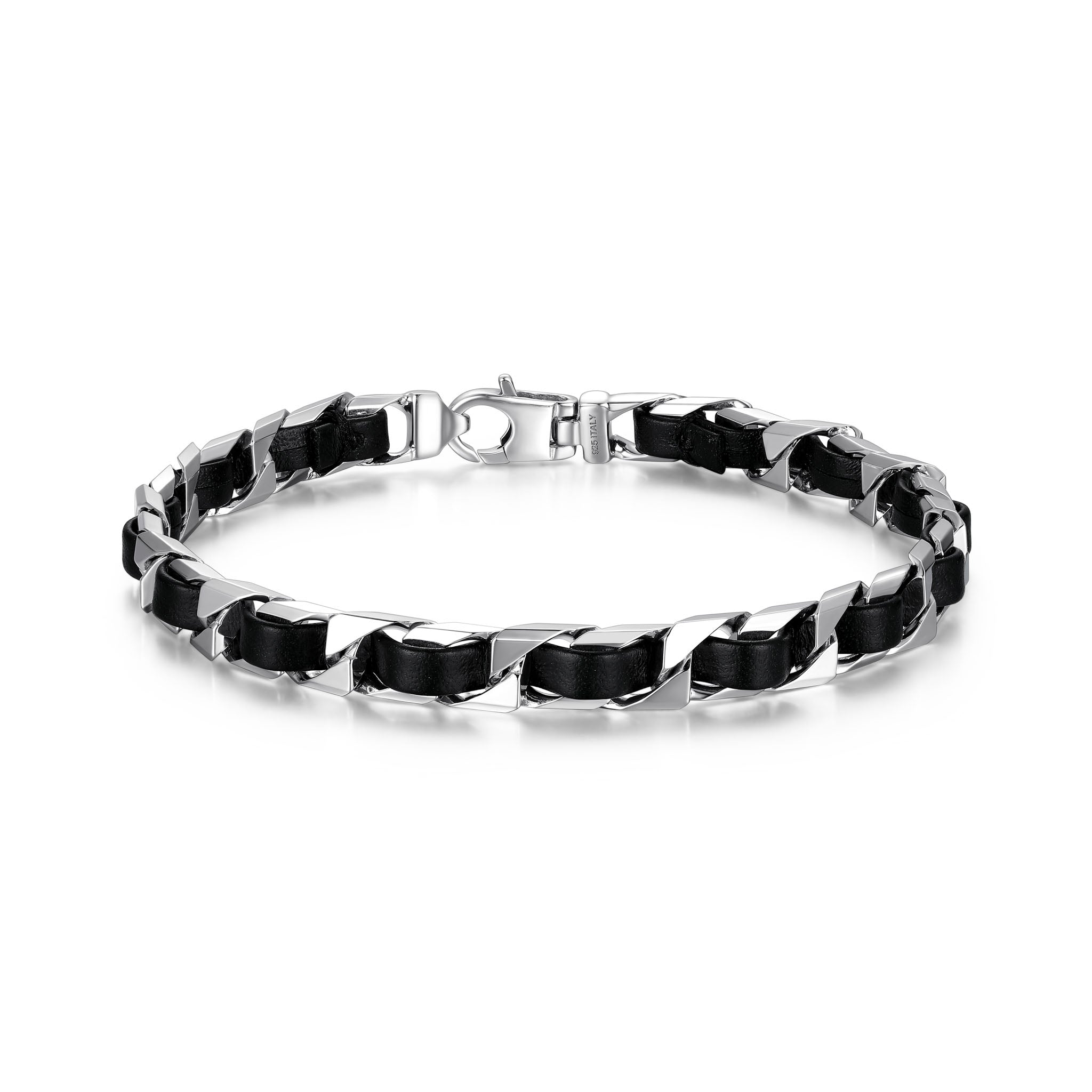 UB0006S - Italian Chain Rhodium Plated Curb Chain with Black Leather Bracelet  -  7.75"