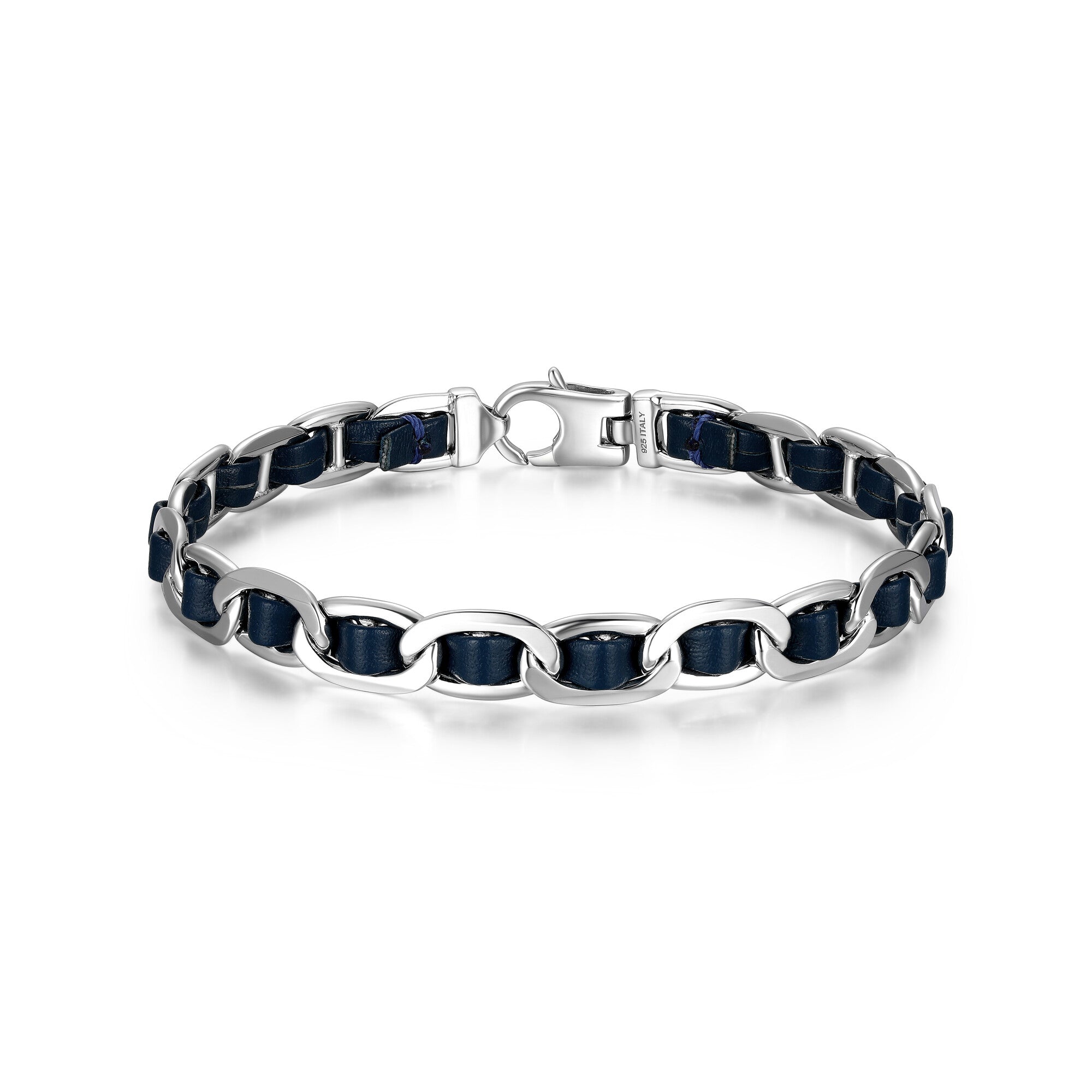 UB0007M - Italian Chain Rhodium Plated Mariner Chain Bracelet with Blue Flat Leather  -  8.5"