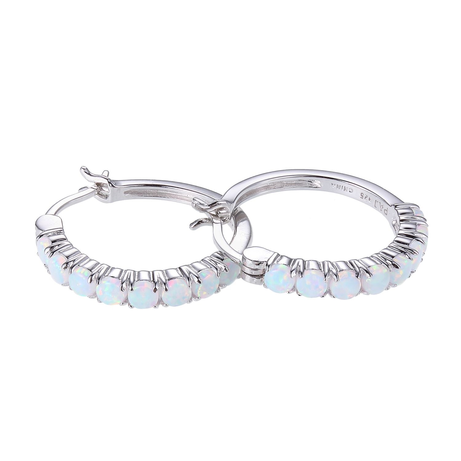 Ss Rhodium Plated Earrings Created Opal(fire&amp;snow) (cab)rd 3mm Hoop 21mm