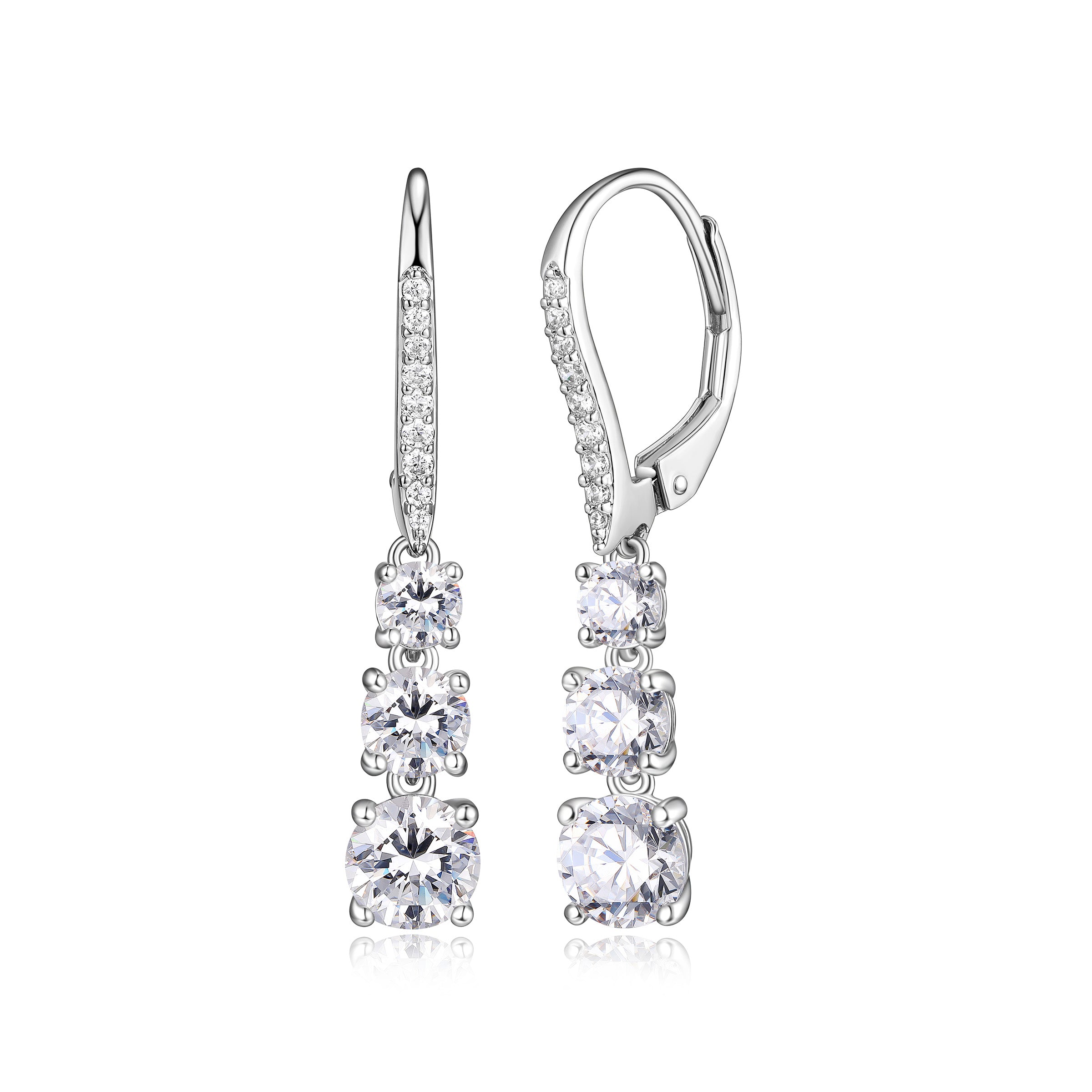 Diamondlite Cz Graduated Triple Stone Leverback Earrings In Sterling Silver.