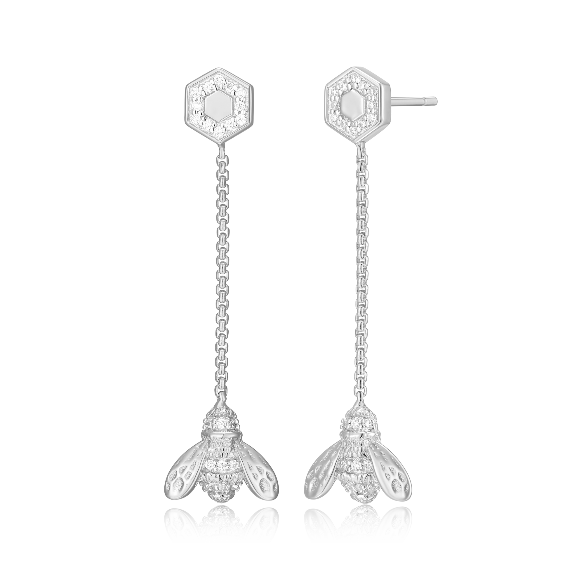 BE0034W - Honey Bee Dangle Stud Earrings in Rhodium-Plated Sterling Silver