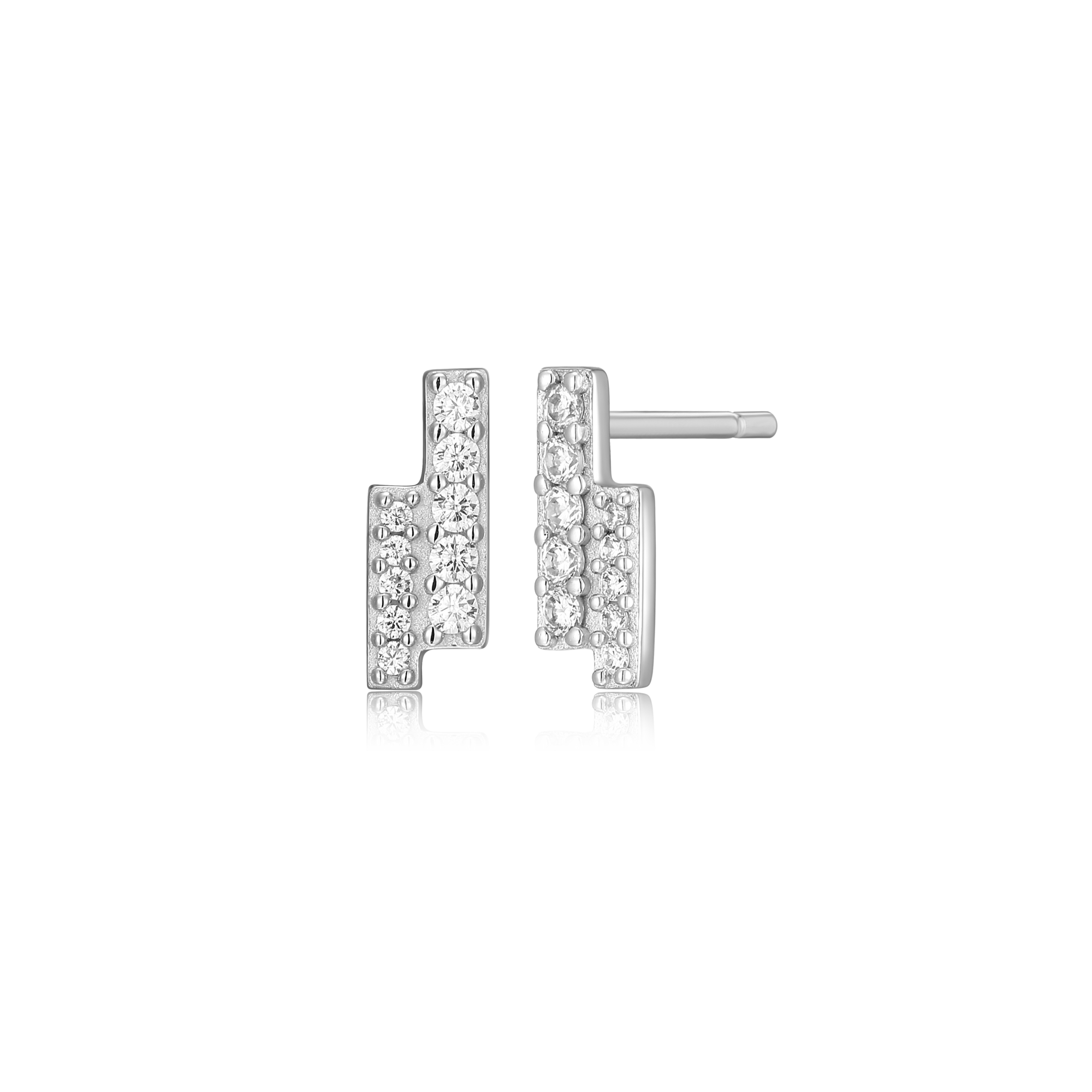 BE0084W - Double Bar Pave Stud Earrings in Rhodium-Plated Sterling Silver