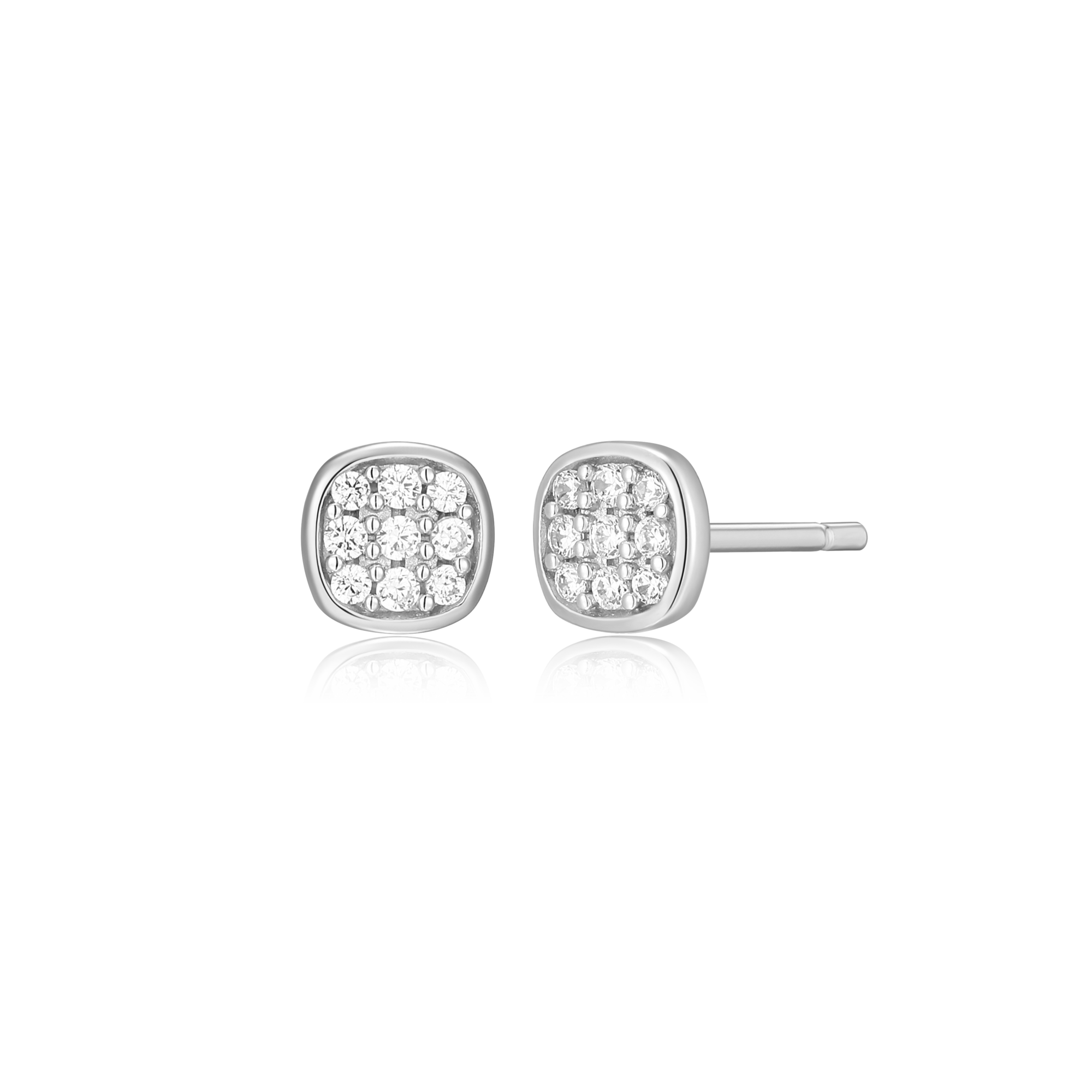 BE0080W - Cushion Pave Stud Earrings in Rhodium-Plated Sterling Silver