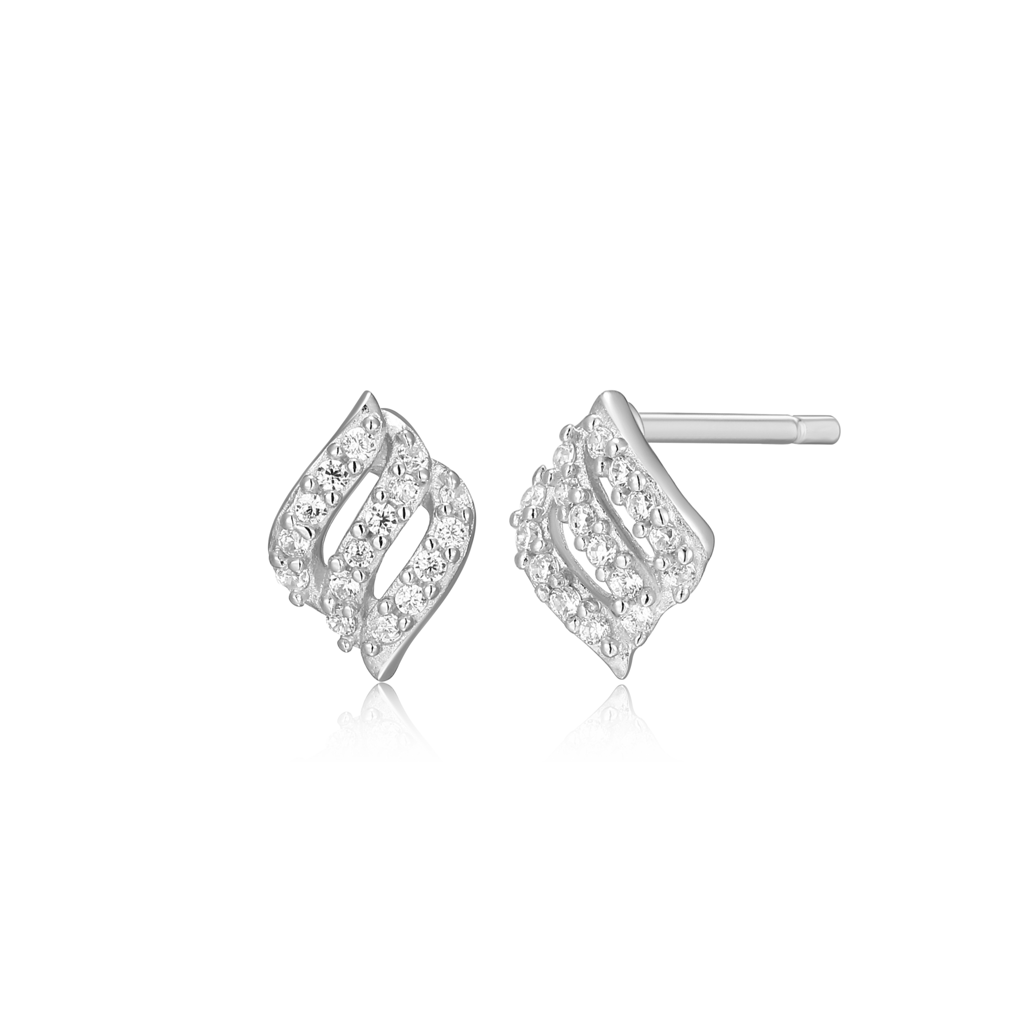 BE0062W - Flame Pave Stud Earrings in Rhodium-Plated Sterling Silver
