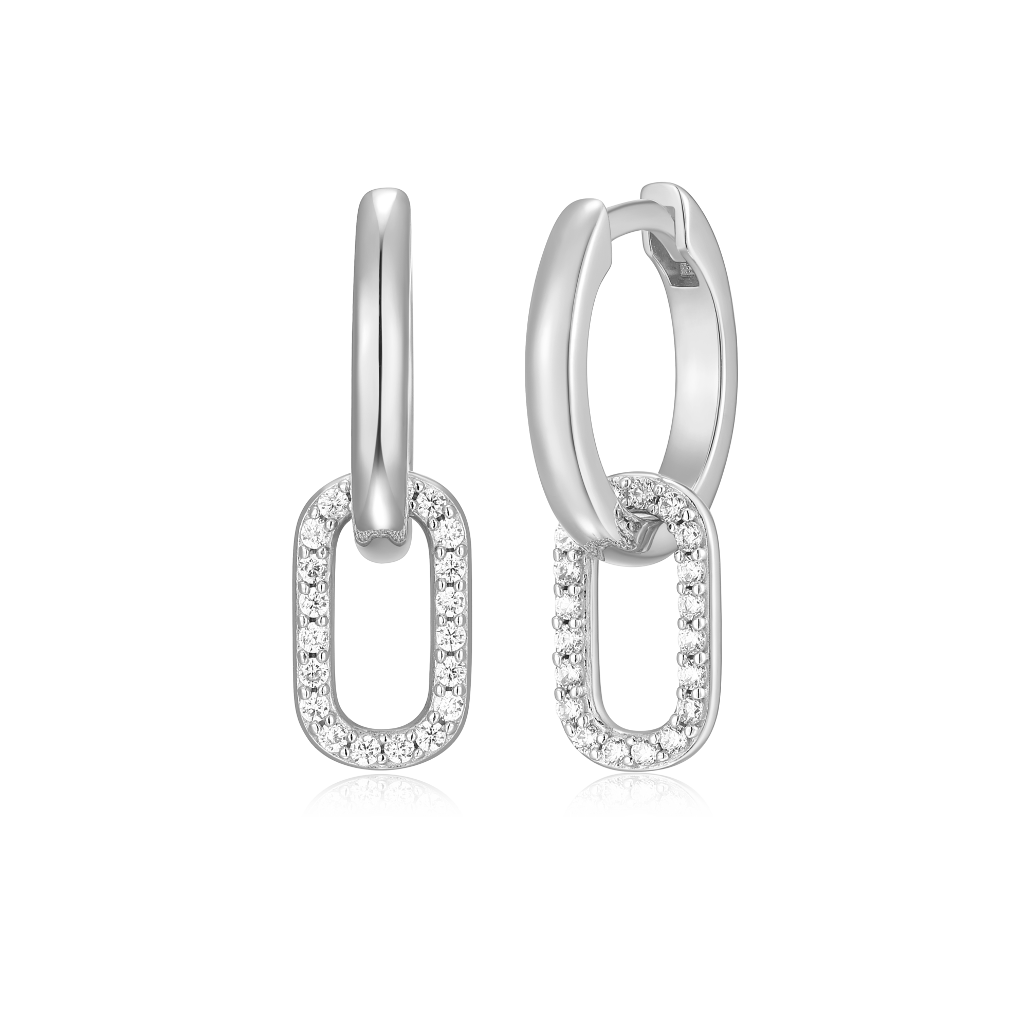 BE0081W - Oval Drop Huggie Earrings in Rhodium-Plated Sterling Silver