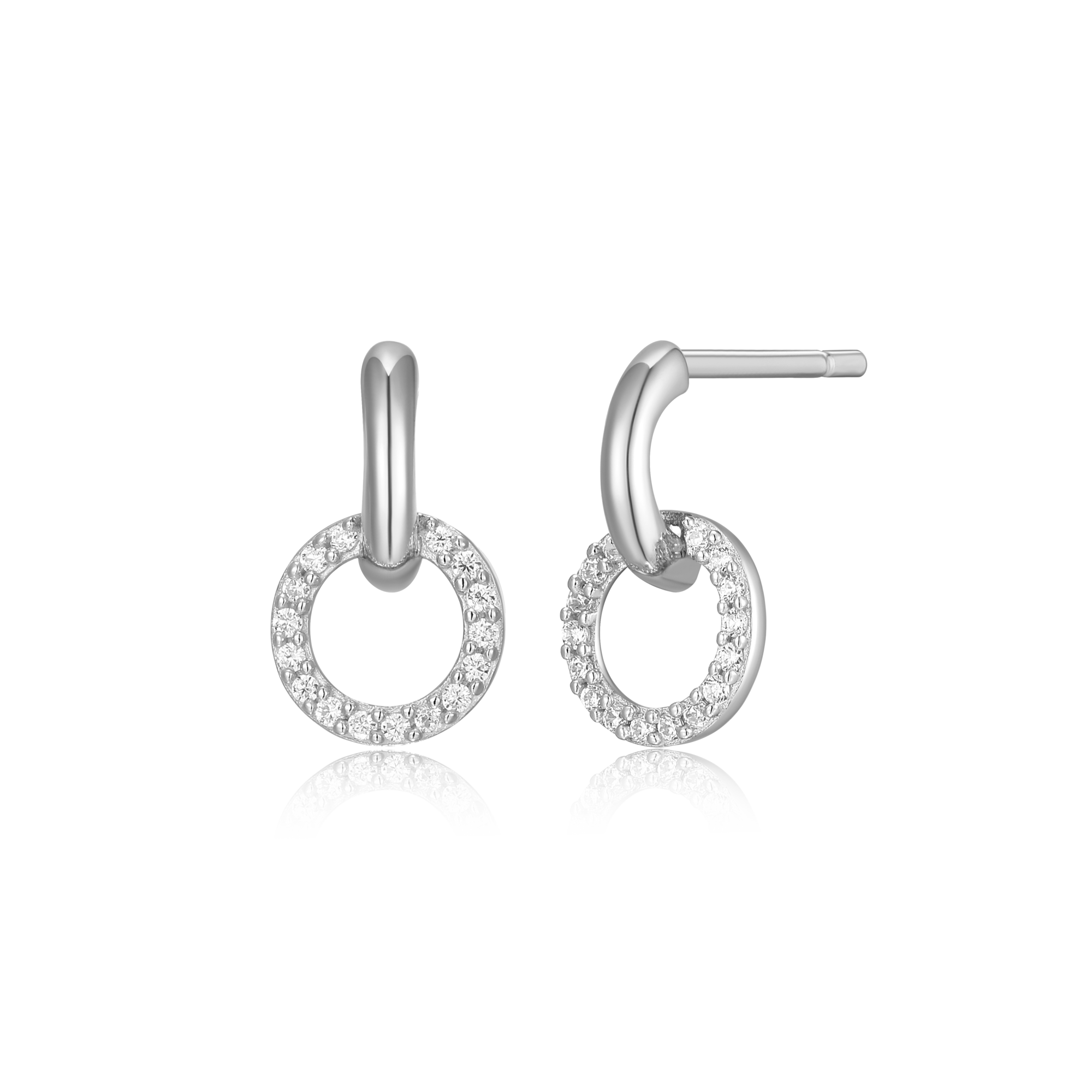 BE0076W - Circle Drop Stud Earrings in Rhodium-Plated Sterling Silver