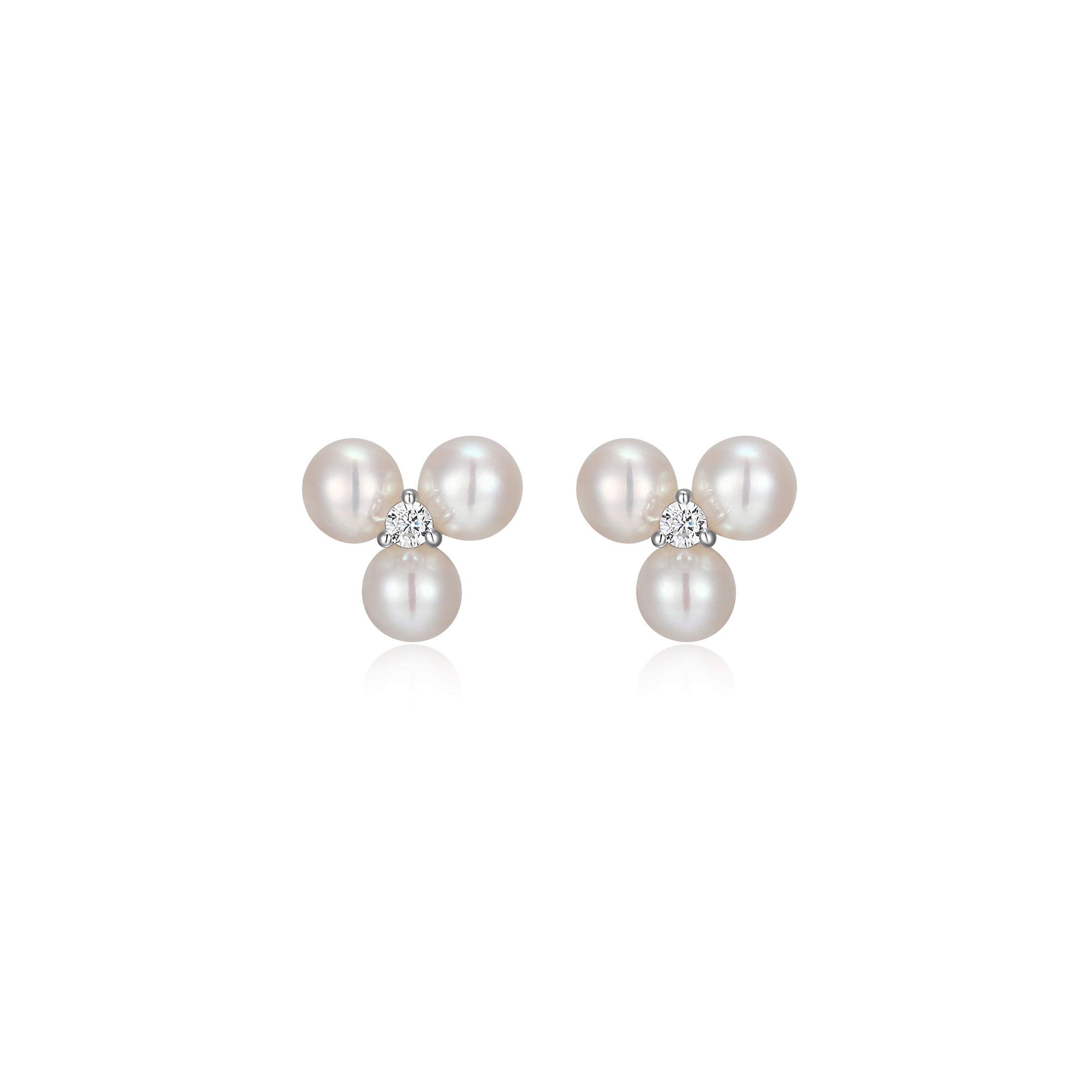 Diamondlite Cz &amp; Genuine 3mm White Pearl Cluster Stud Earrings In Sterling Silver.