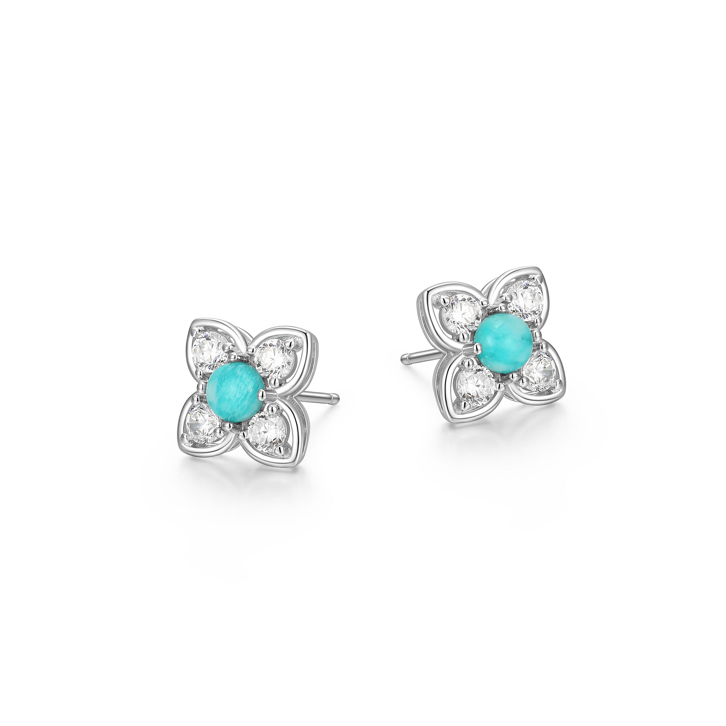 Diamondlite Cz &amp; 4mm Genuine Amazonite Clover Stud Earrings In Sterling Silver.