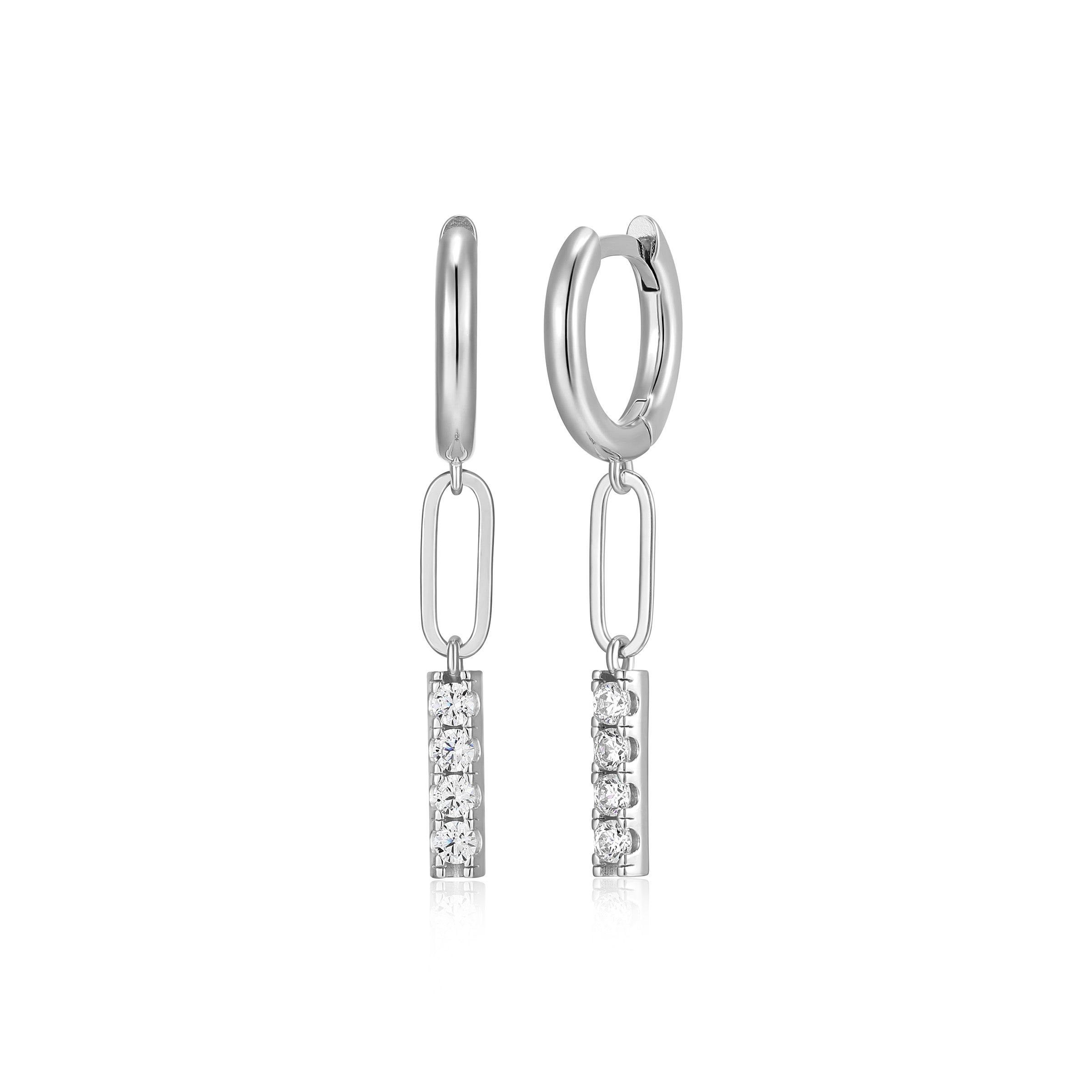 Diamondlite Cz 12mm Huggie Hoop Bar Drop &amp; Paperclip Link Earrings In Sterling Silver.