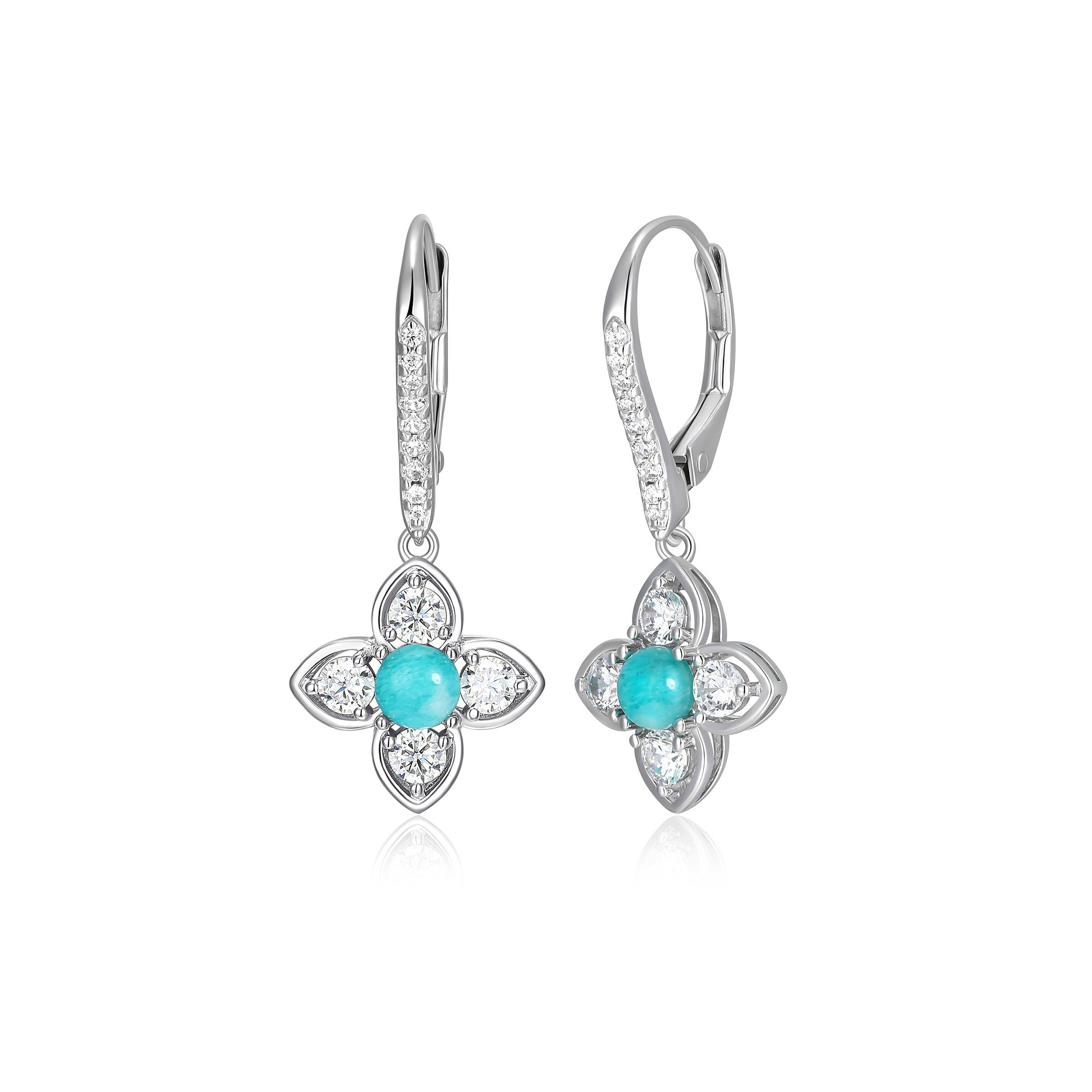 Diamondlite Cz &amp; 4mm Genuine Amazonite Clover Leverback Drop Earrings In Sterling Silver.