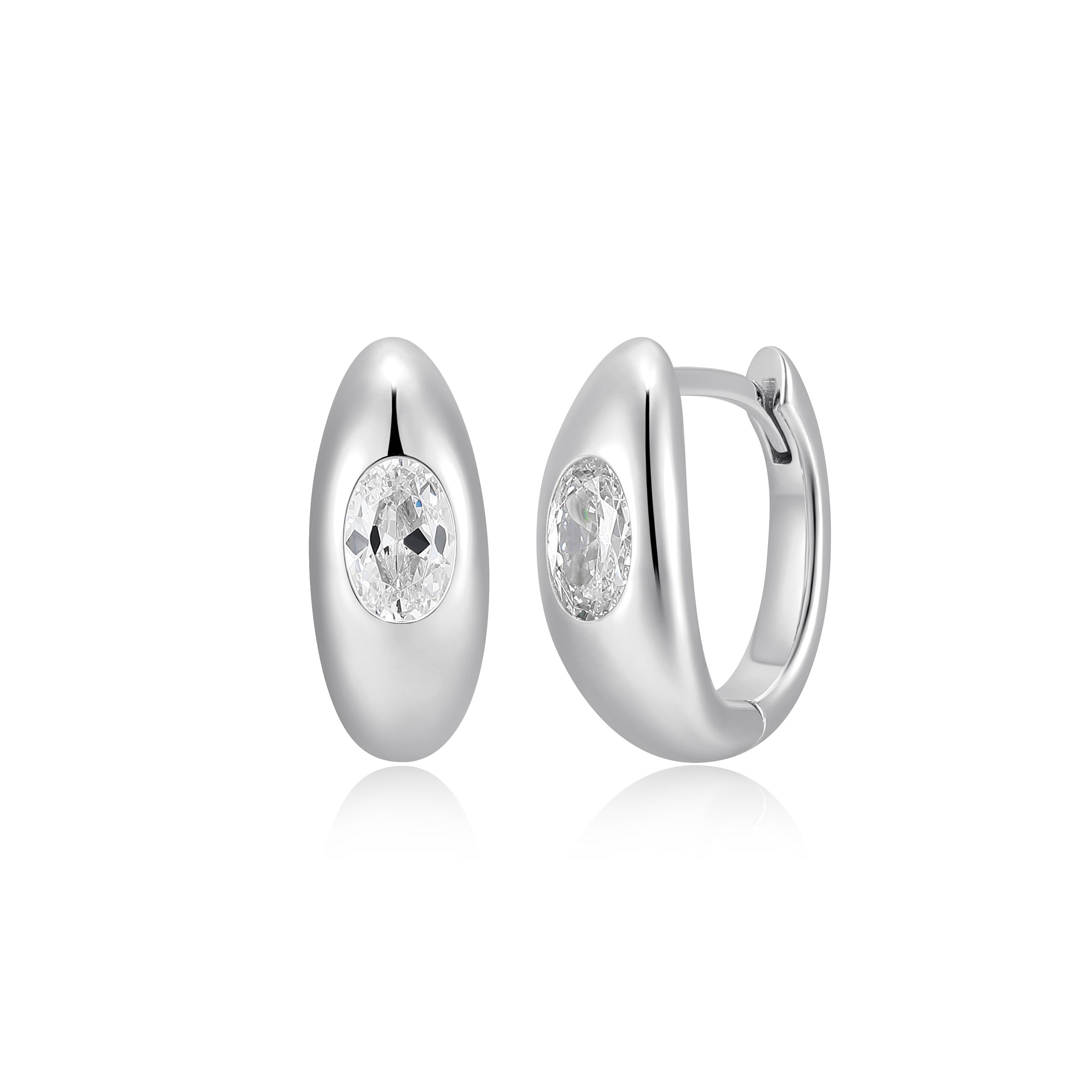 Diamondlite Cz 6X4M Oval Dome Shaped 15Mm Huggie Hoop Earrings In Sterling Silver.