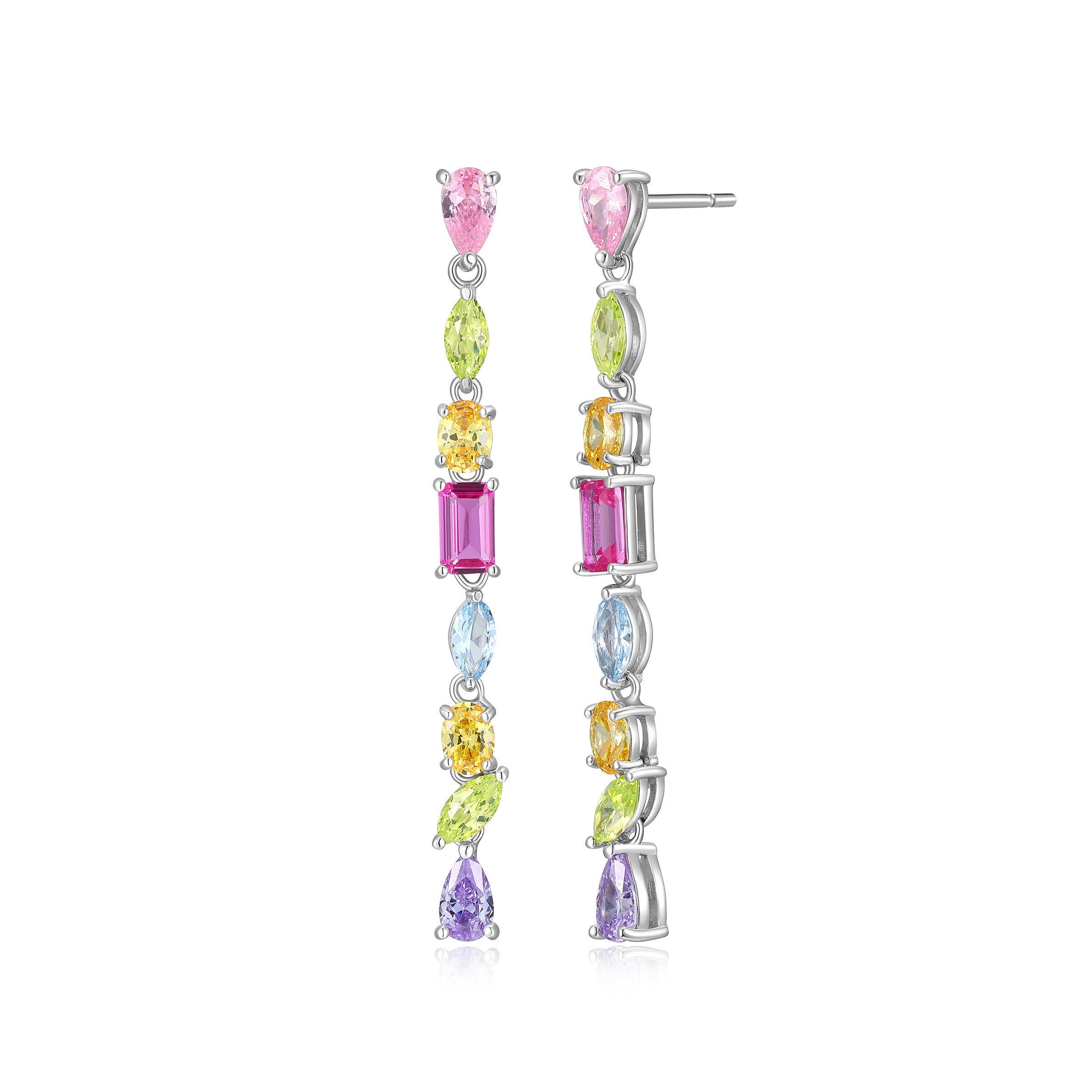 "Happy Colours" Rainbow Multi-Stone  Long Linear Drop Earrings In Sterling Silver.