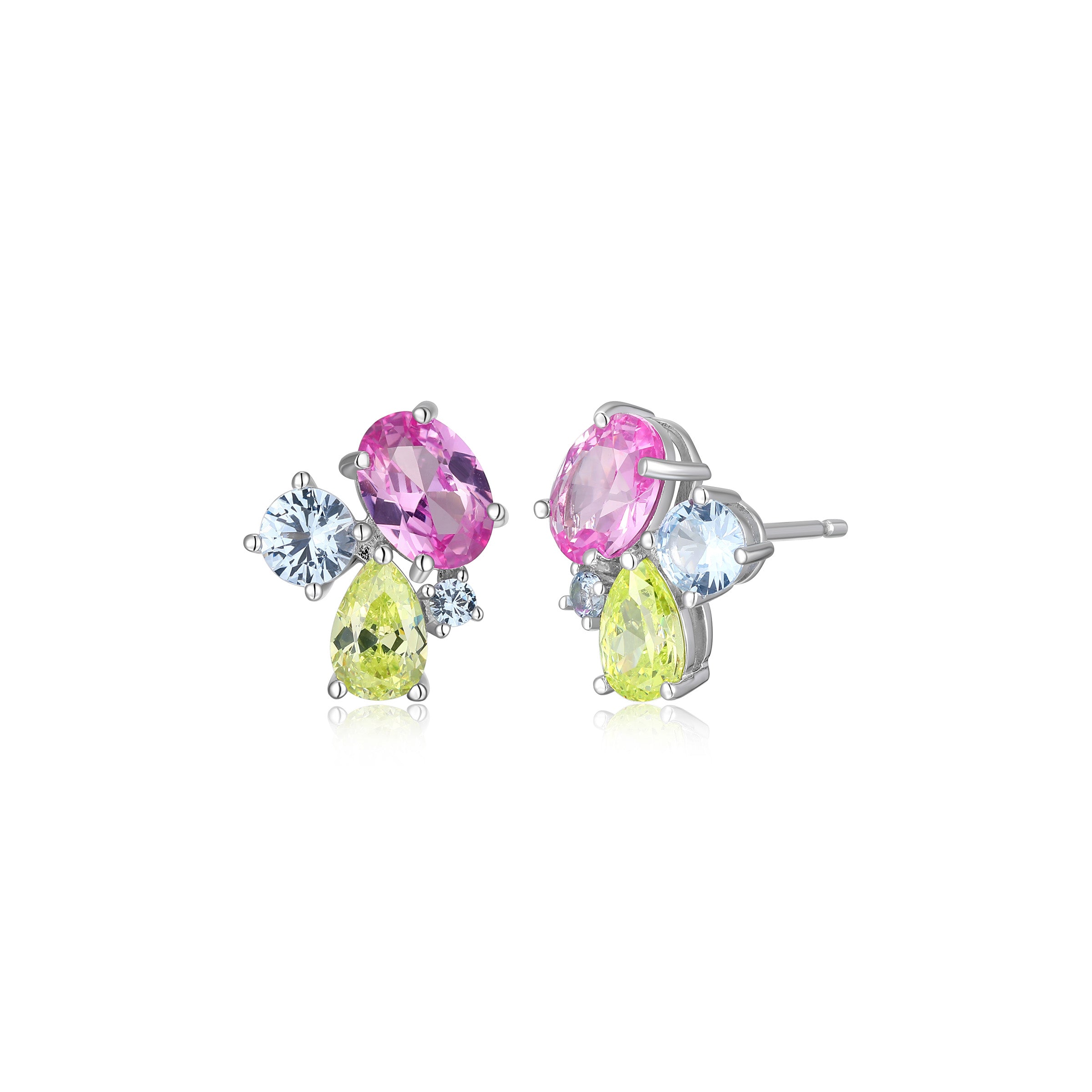 "Happy Colours" Rainbow Multi-Stone  Cluster Stud Earrings In Sterling Silver.
