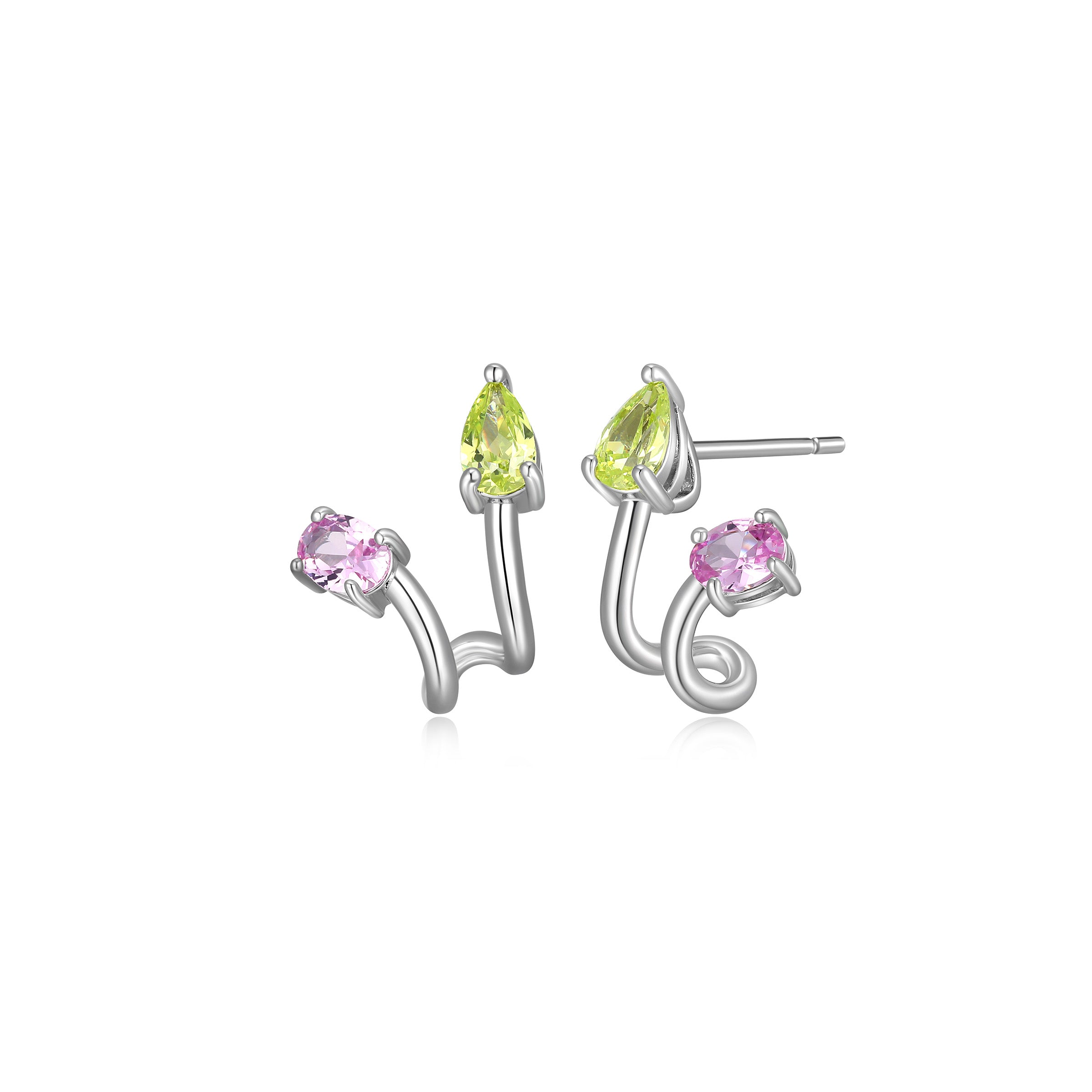"happy Colours" Created Pink Sapphire &amp; Peridot Cz Illusion Stud Earrings In Sterling Silver.