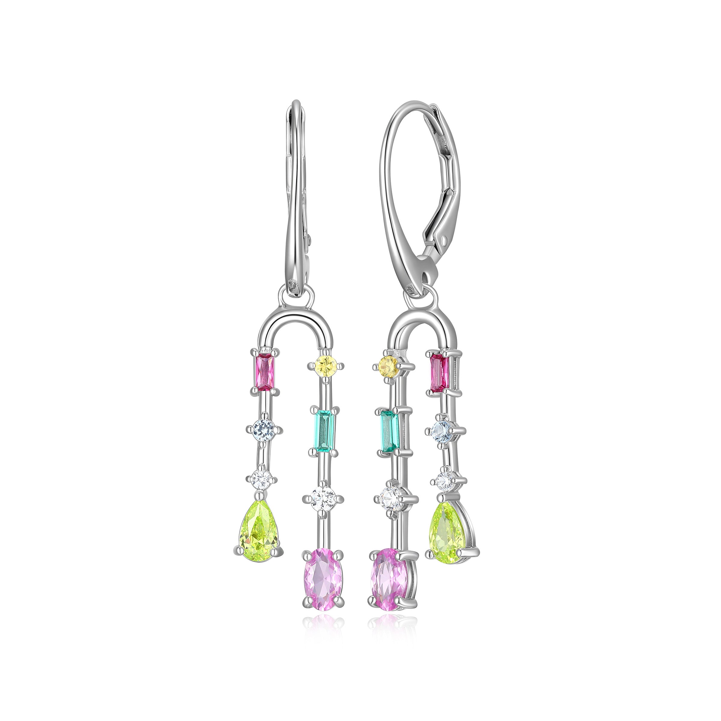 "Happy Colours" Rainbow Multi-Stone  U-Shaped Earrings In Sterling Silver.