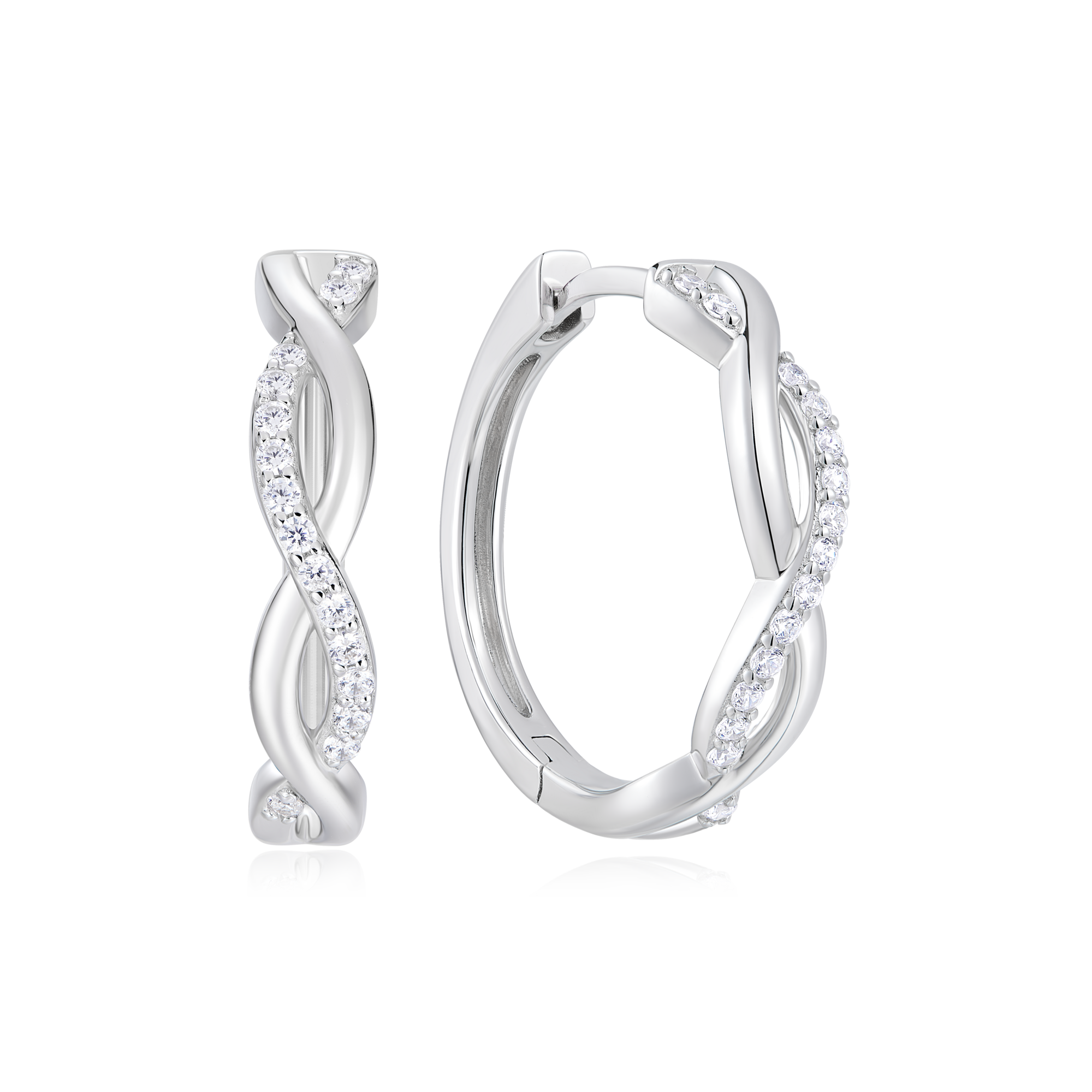 BE0156W - Half Pave Twist Hoop Earrings in Rhodium-Plated Sterling Silver