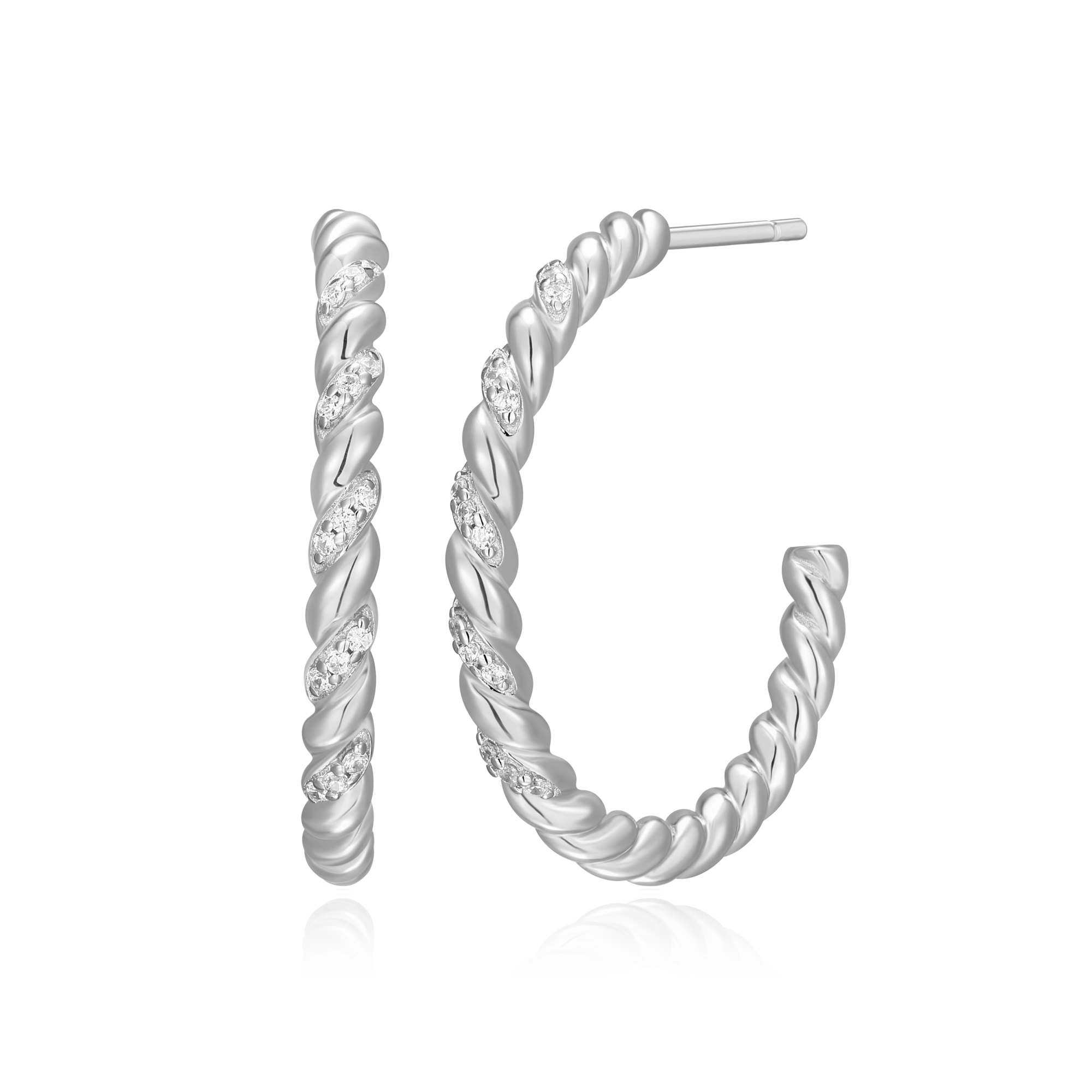 BE0105W - Twist J-Hoop Stud Earrings in Rhodium-Plated Sterling Silver