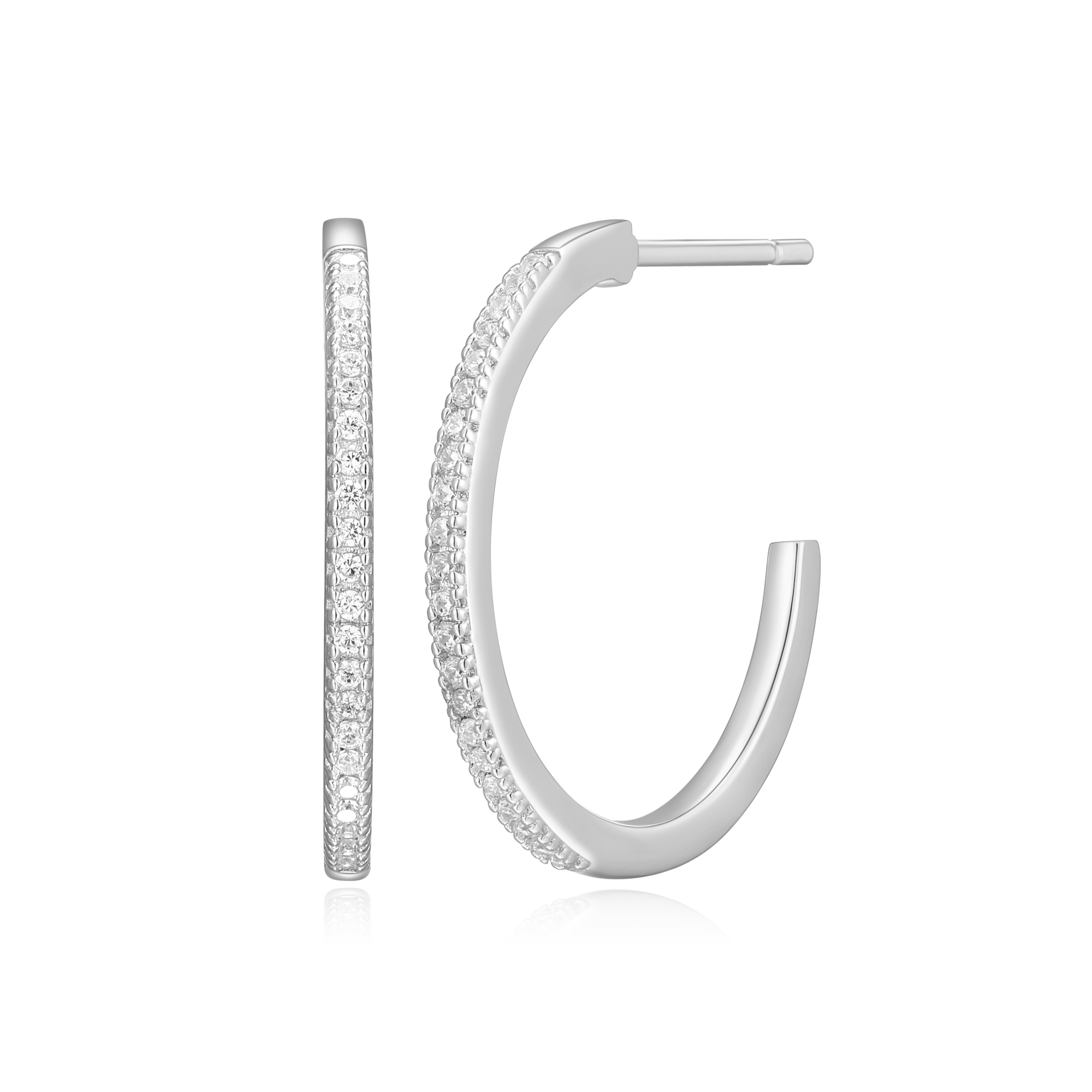 BE0086W - Large J-Hoop Stud Earrings in Rhodium-Plated Sterling Silver