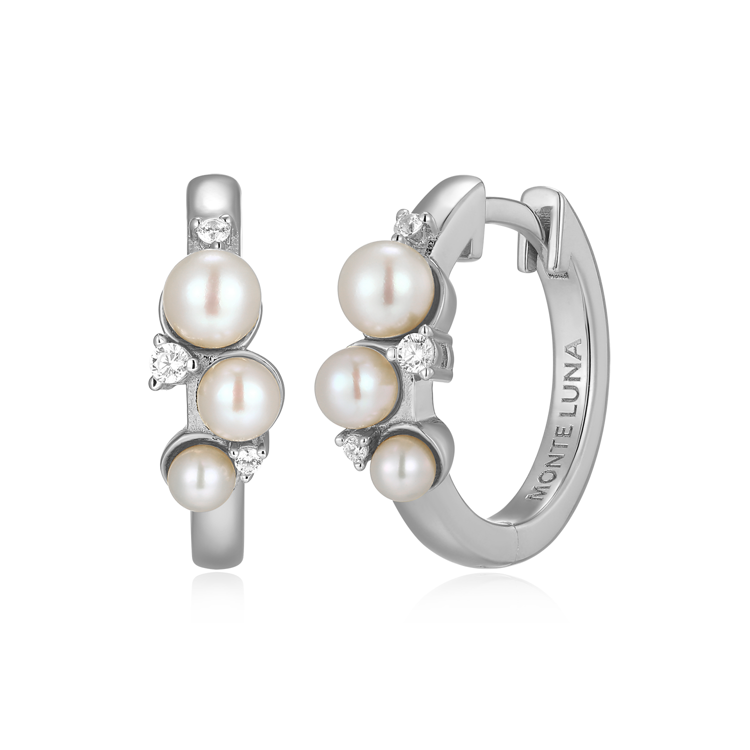 BE0192W - Scattered Genuine Pearl & Lab-Created Diamond Huggie Earrings in Rhodium-Plated Sterling Silver