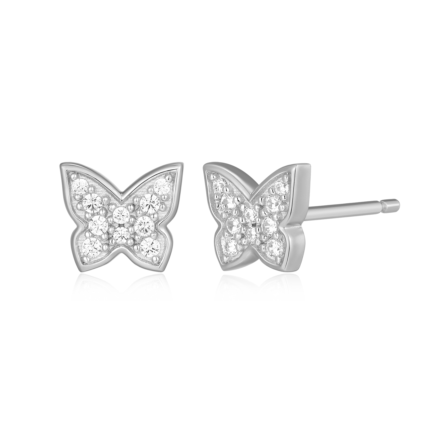 BE0035W - Pave Butterfly Lab-Created Diamond Stud Earrings in Rhodium-Plated Sterling Silver