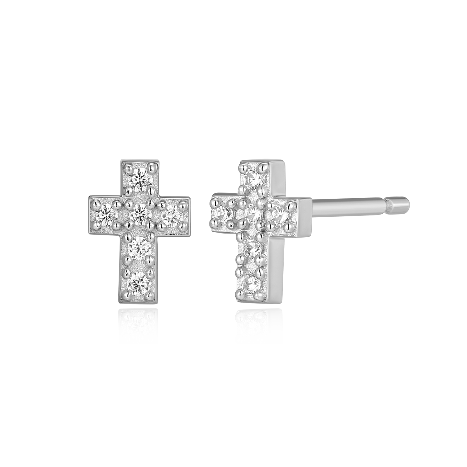 BE0167W - Petite Pave Cross Lab-Created Diamond Stud Earrings in Rhodium-Plated Sterling Silver