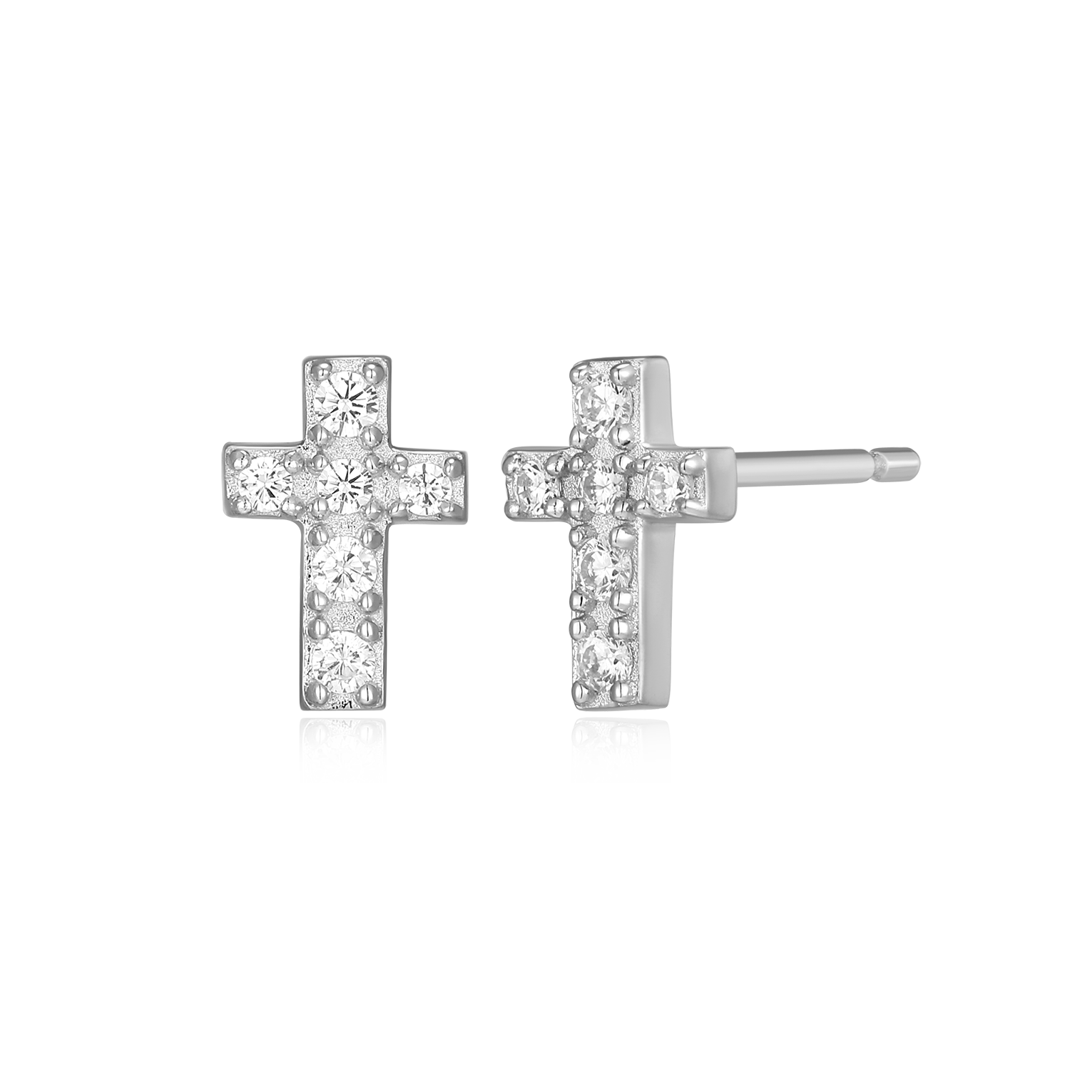 BE0168W - Pave Cross Lab-Created Diamond Stud Earrings in Rhodium-Plated Sterling Silver