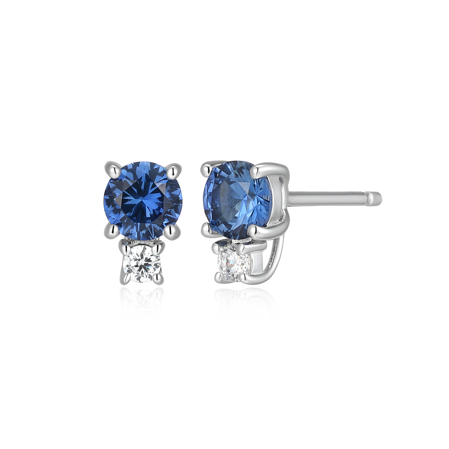 BE0201W - Round-Cut Lab-Created Sapphire & Diamond Accent Stud Earrings in Rhodium-Plated Sterling Silver