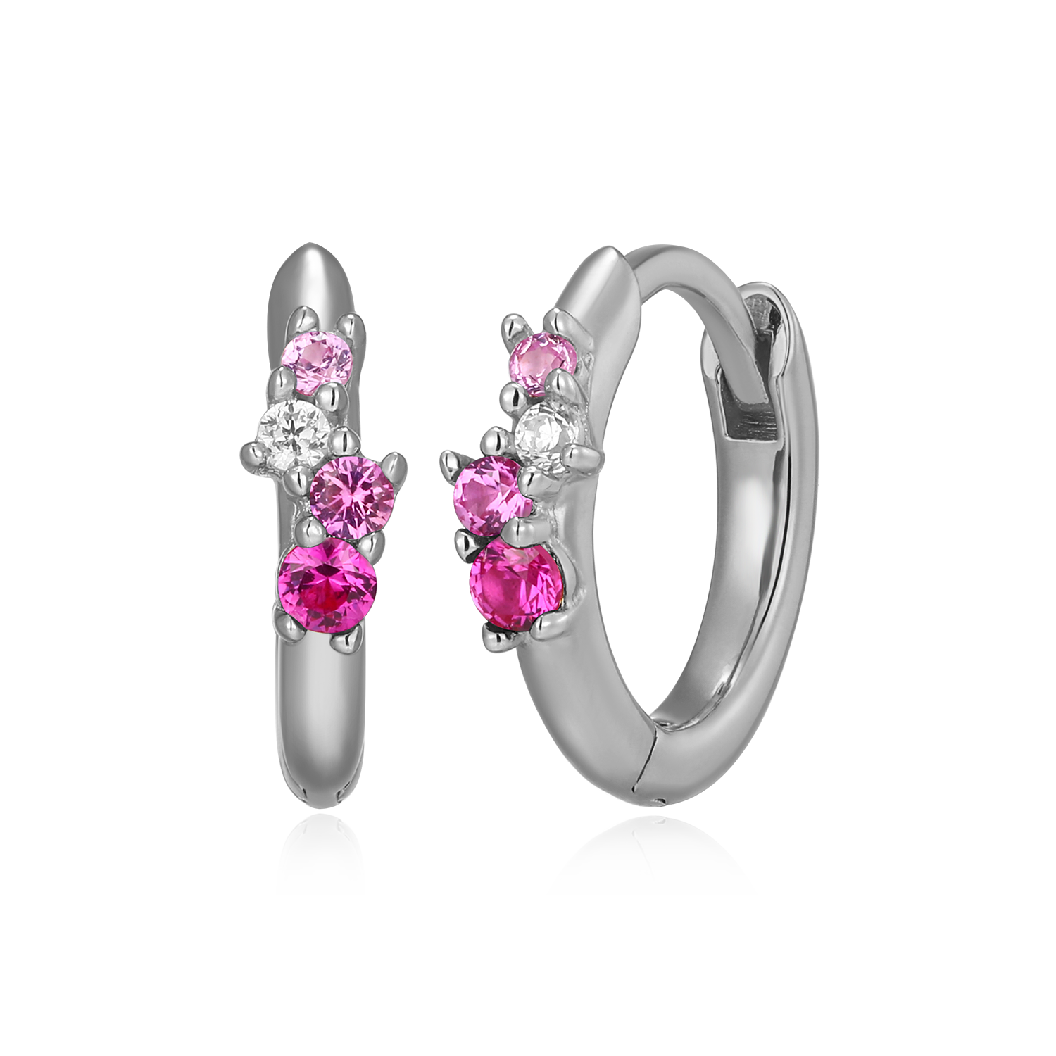BE0199W - Scattered Ombre Lab-Created Ruby & Diamond Huggie Earrings in Rhodium-Plated Sterling Silver