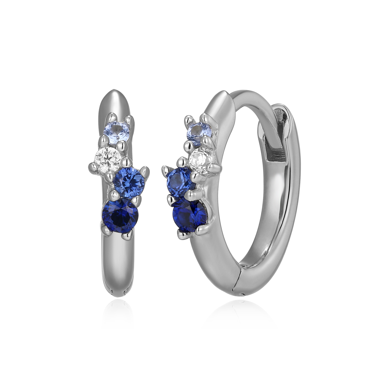 BE0200W - Scattered Ombre Lab-Created Sapphire & Diamond Huggie Earrings in Rhodium-Plated Sterling Silver