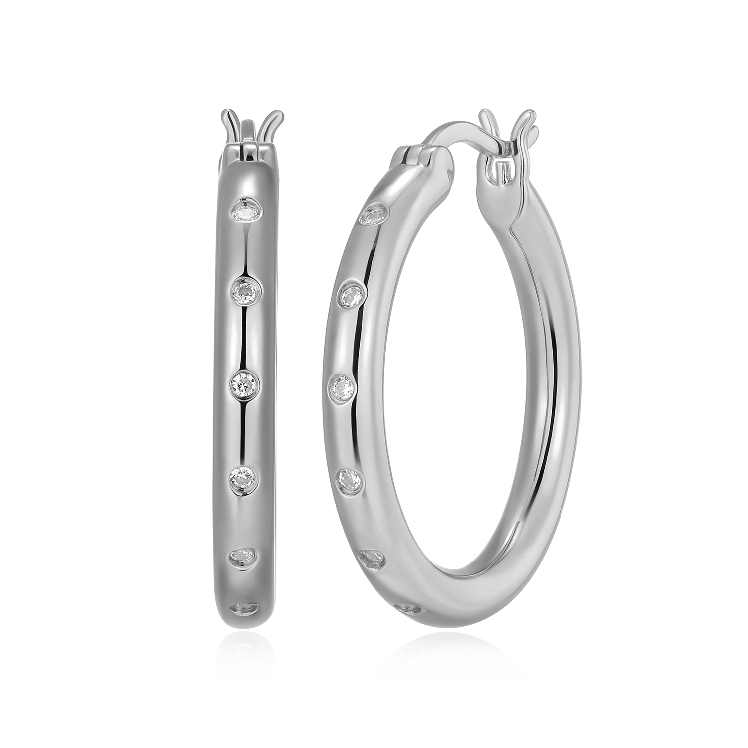 BE0196W - Slim Bezel-Set Lab-Created Diamond Hoop Earrings in Rhodium-Plated Sterling Silver