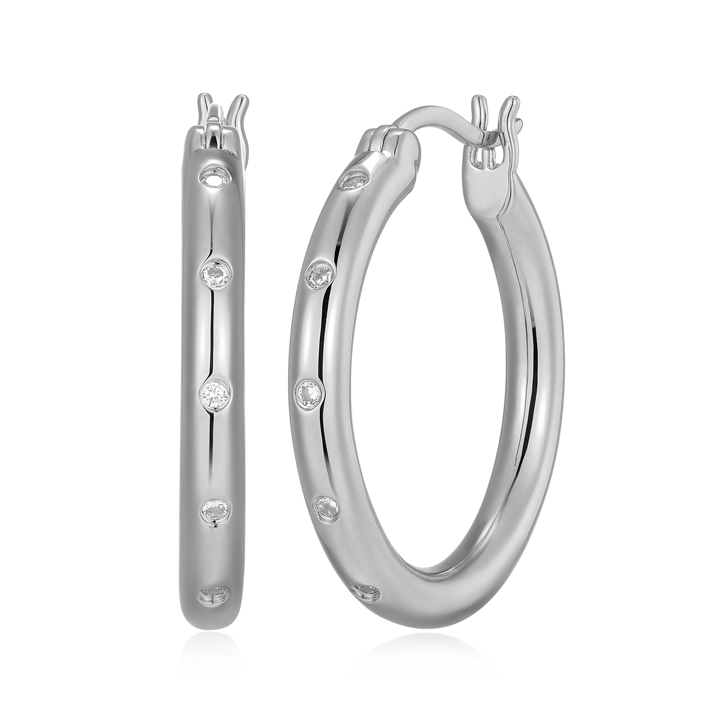 BE0197W - Bold Bezel-Set Lab-Created Diamond Hoop Earrings in Rhodium-Plated Sterling Silver