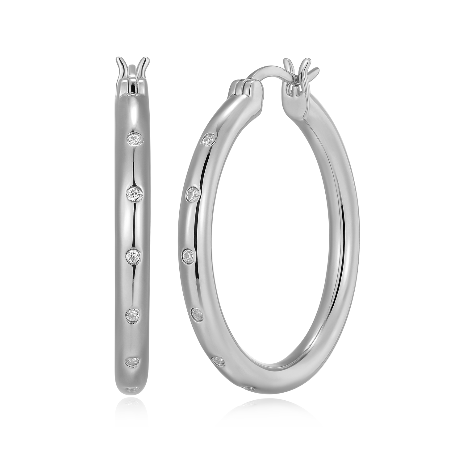 BE0198W - Classic Bezel-Set Lab-Created Diamond Hoop Earrings in Rhodium-Plated Sterling Silver