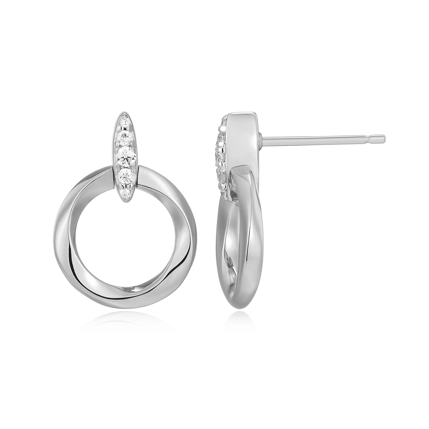 BE0188W - Knife Edge Circle Link Lab-Created Diamond Stud Earrings in Rhodium-Plated Sterling Silver
