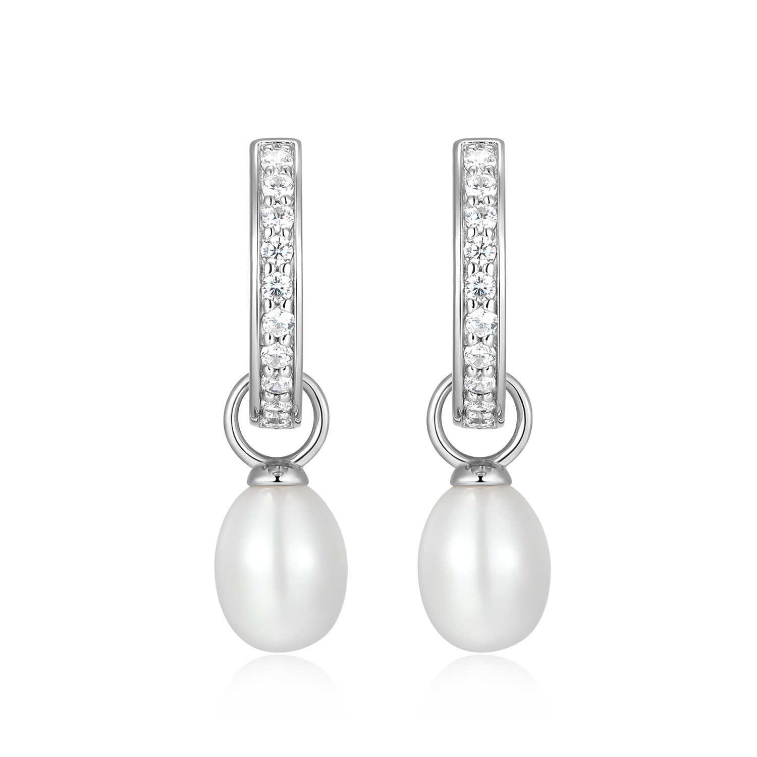 BE0233W - Freshwater Pearl & Lab-Created Diamond Huggie Earrings in Rhodium-Plated Sterling Silver