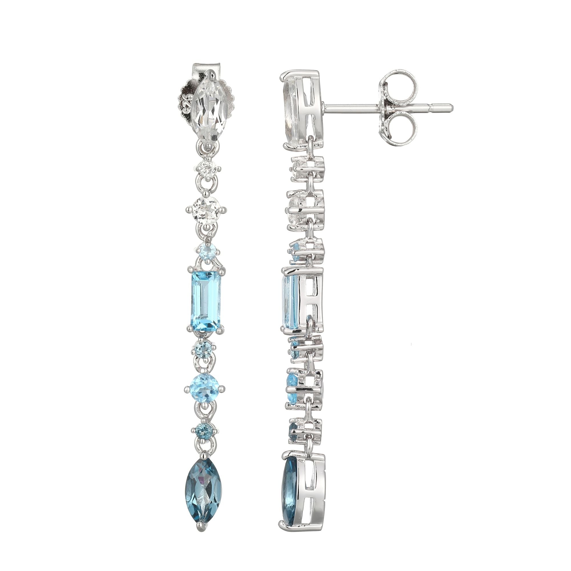 An Elegant Cascade Of Topaz Stones Unfolds In These Sway Collection Drop Earrings. Swiss Blue, London Blue, And White Topaz Stones Add A Subtle Yet Mesmerizing Glow.
