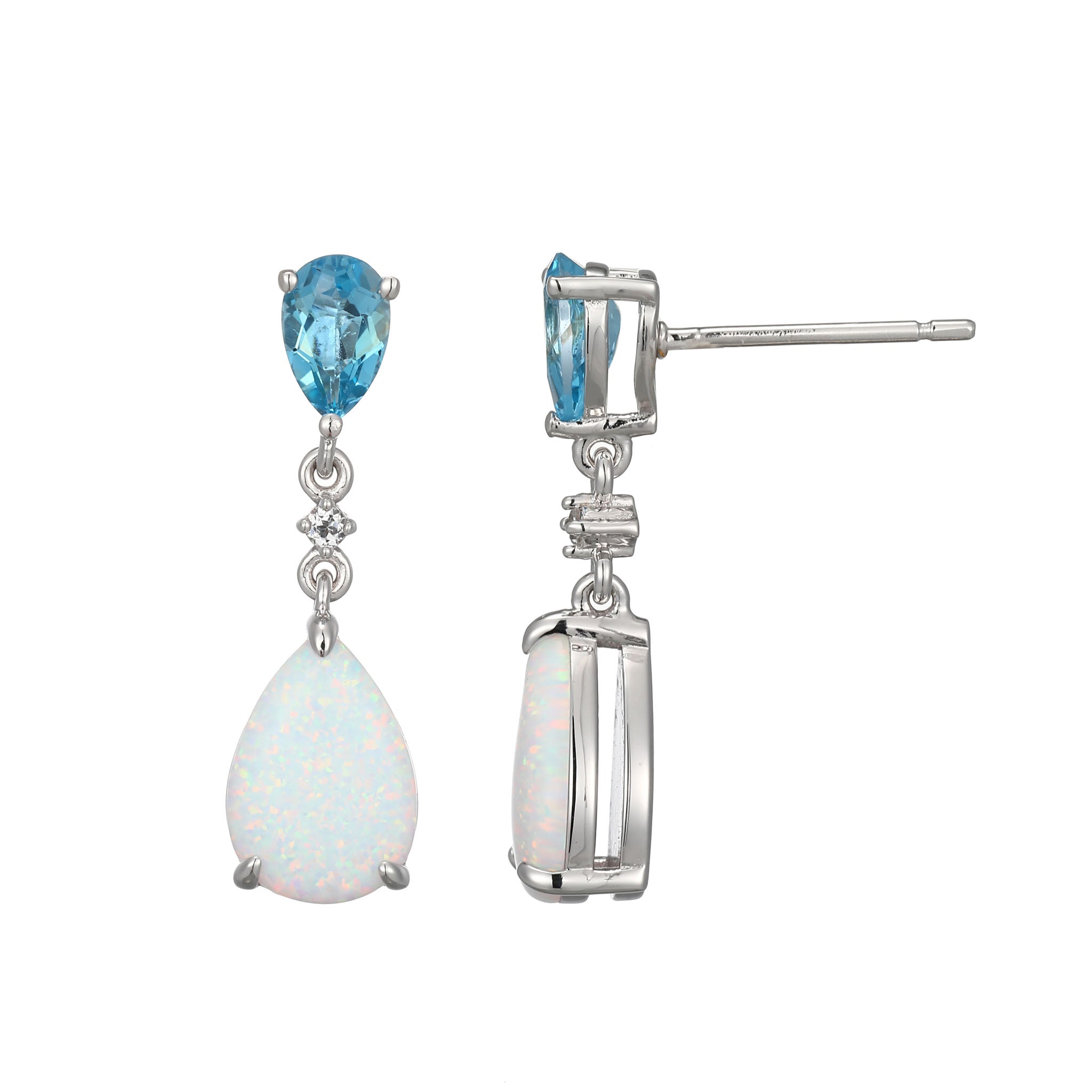 These Sway Drop Earrings Feature A Kaleidoscopic Created Opal With Multicolor Hues. The Shimmering Blue Topaz Enhances The Design, Demonstrating Superb Craftsmanship And An Appealing Color Combination.