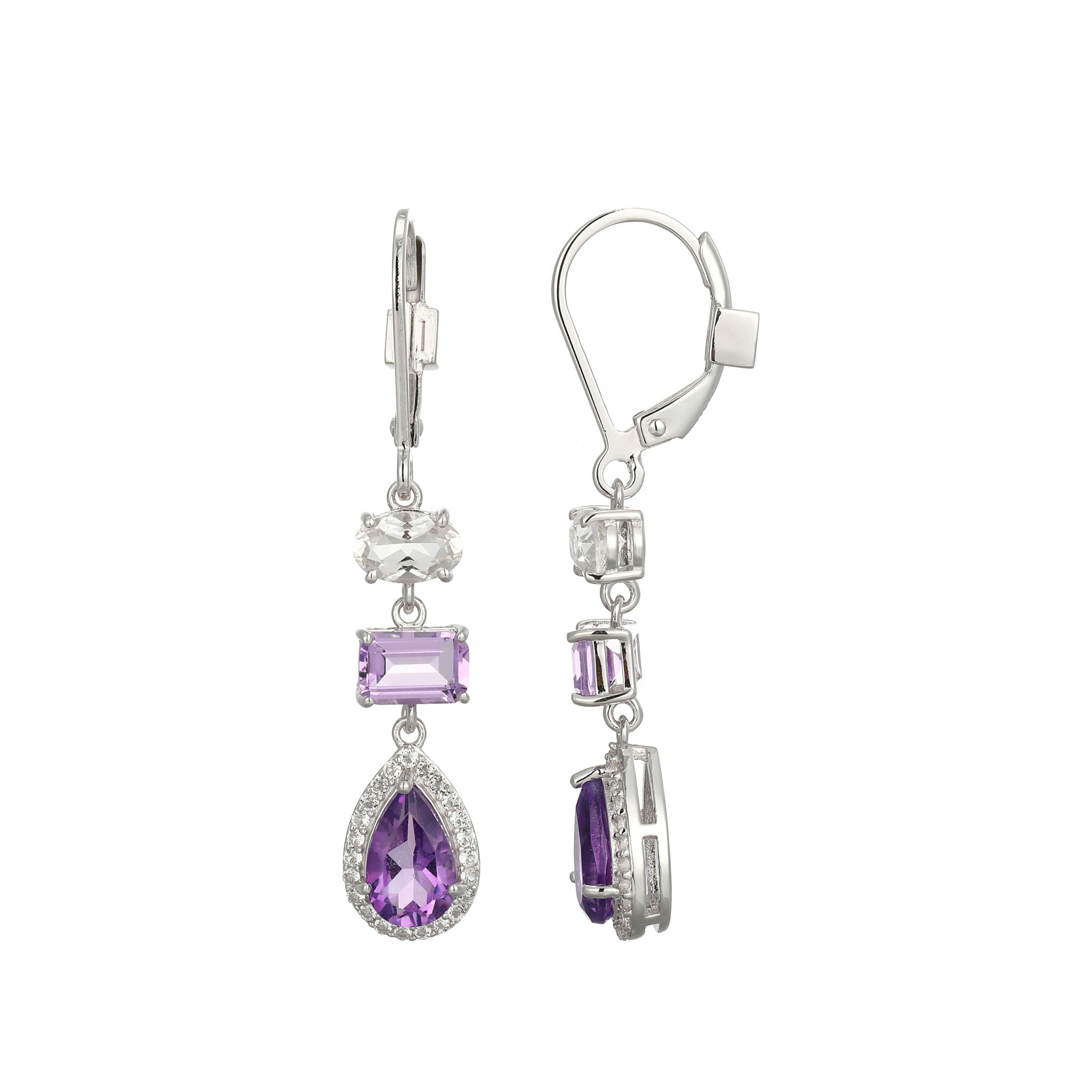 The Gradient Hues Of Amethyst Gemstones, Arranged In A Cascading Design, Are Enhanced By Sparkling White Topaz. Each Stone In These Purple Drop Earrings Is Expertly Cut, Capturing Refined Parisian Artistry.
