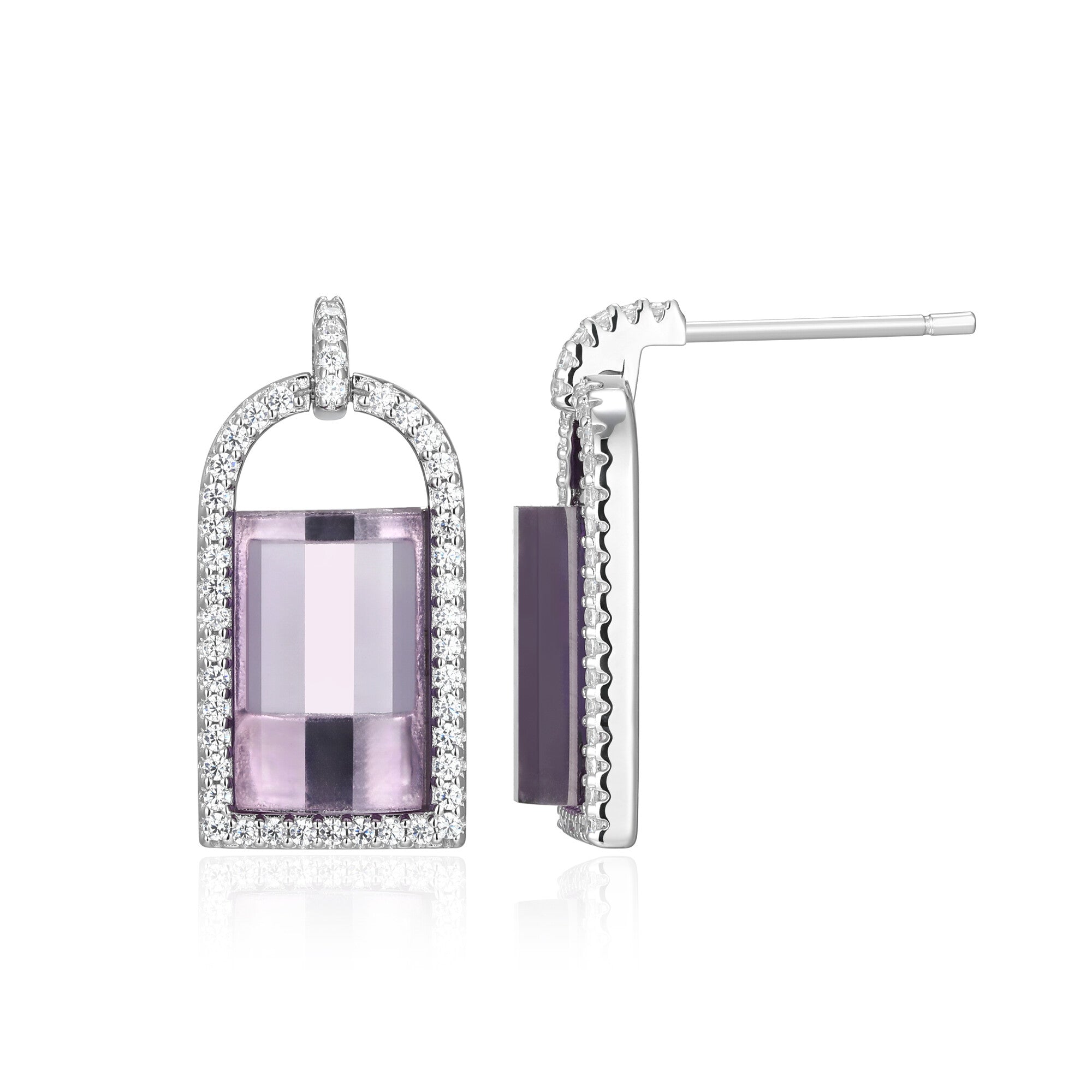 Sterling Silver Elle "fancy" Rhodium Plated Post Earrings Genuine White Crystal+ Africa Amethyst Sb 11x7x3mm &amp; Cubic Zirconia