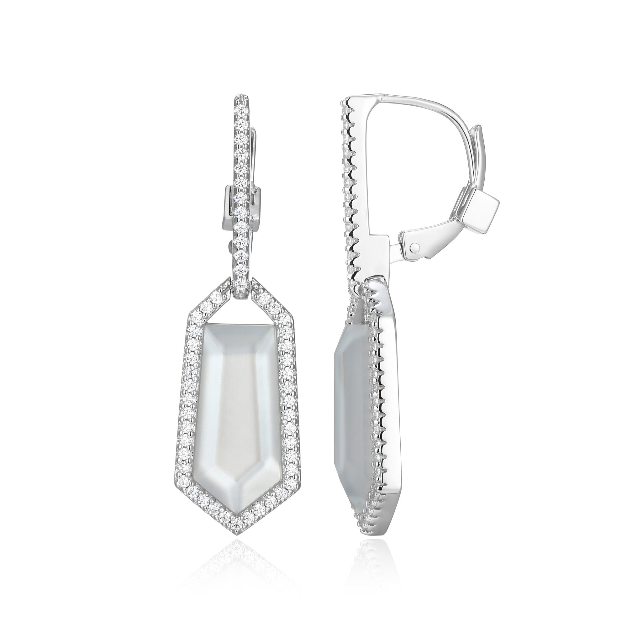 Sterling Silver Elle "fancy" Rhodium Plated Leverback Earrings Genuine Stone Doublet(white Crystal+white Mop) 15x7x5.5mm &amp; Cubic Zirconia