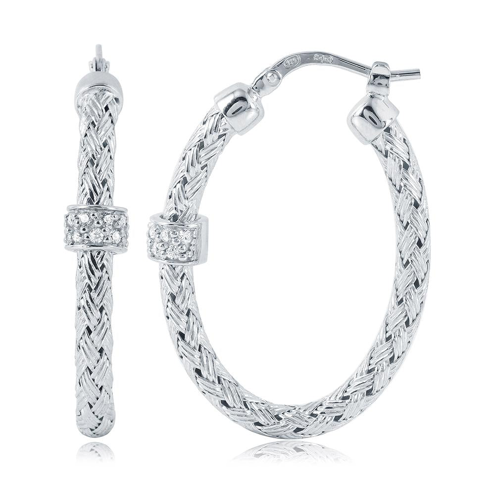 Sterling Silver 3Mm Mesh Earrings With Cz, Oval Approximate 30X22Mm, Rhodium Finish